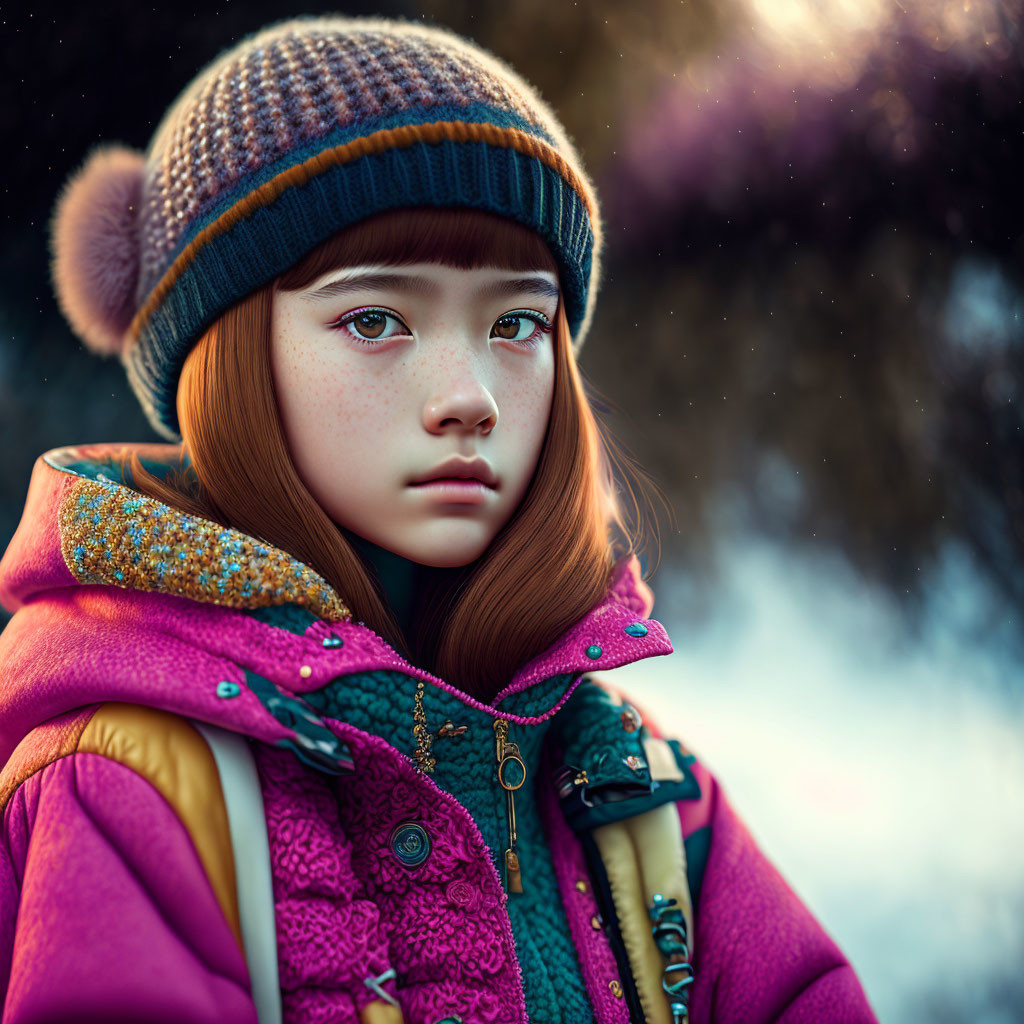 Red-haired girl in knit hat and winter jacket with green eyes and freckles.