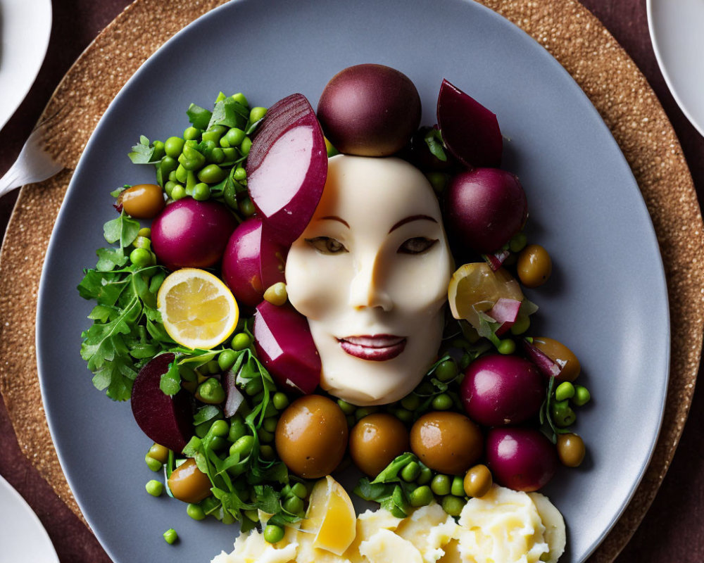 Vegetables and mashed potatoes in face mask design on dark plate with lemon and sauce