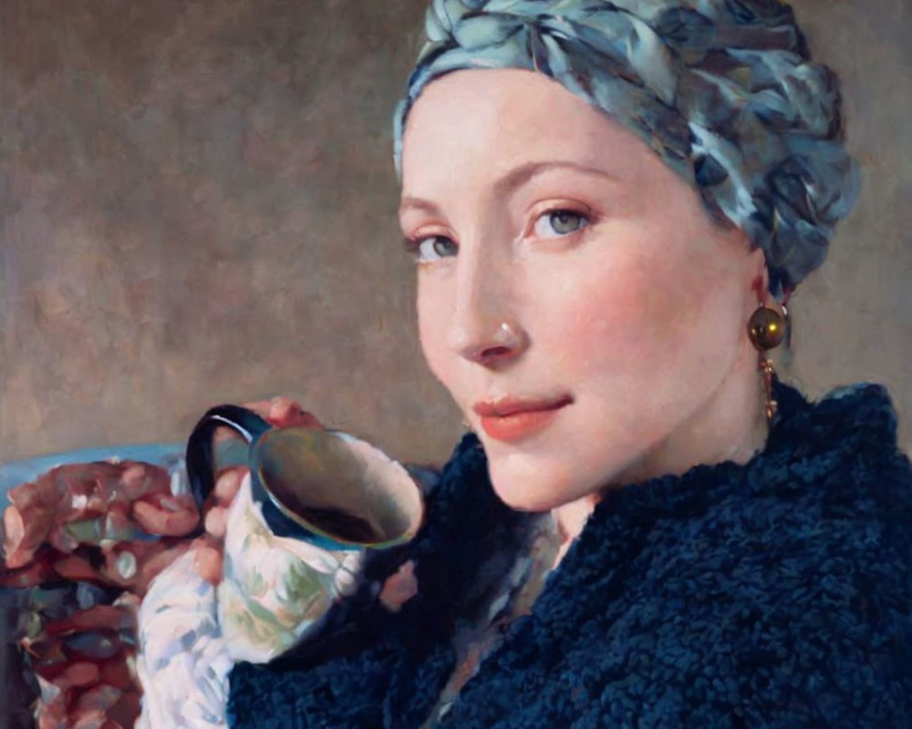 Woman in Blue Headscarf and Sweater Holding Mug with Painting-Like Quality