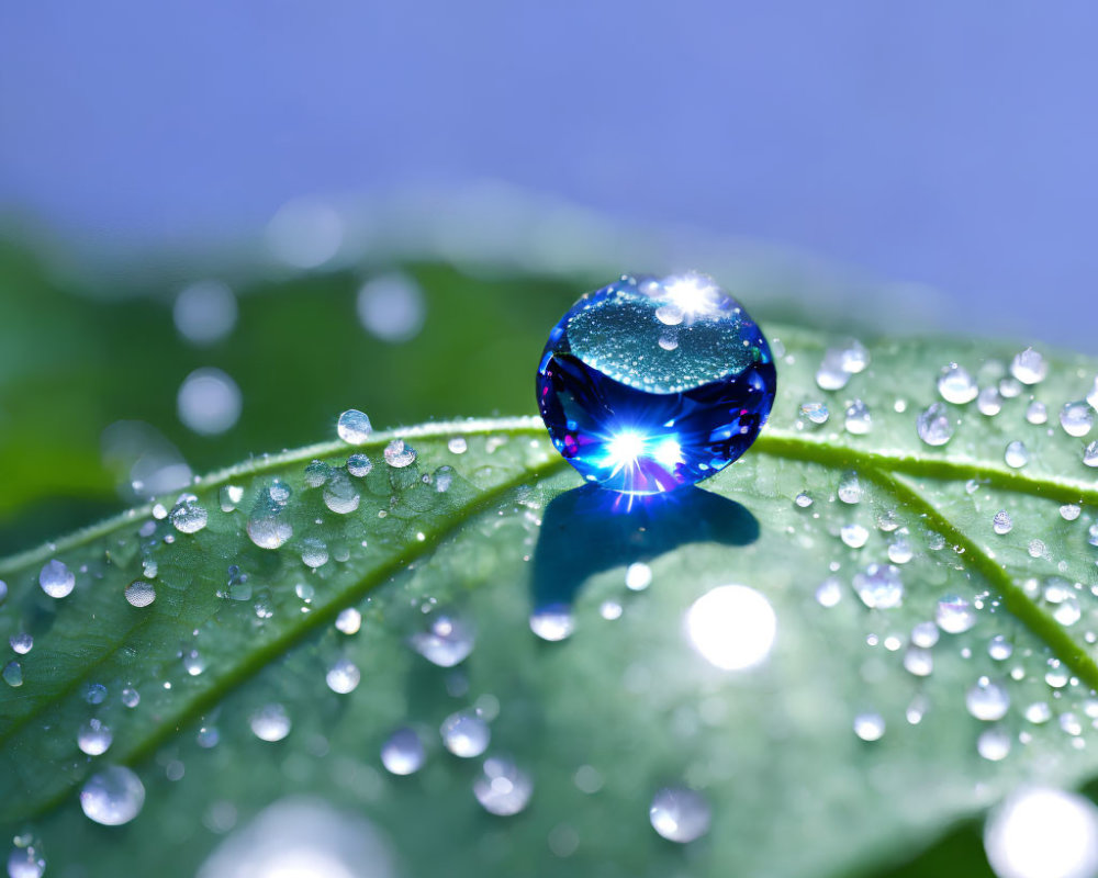 Blue water droplet on green leaf with dewdrops, sparkling in light