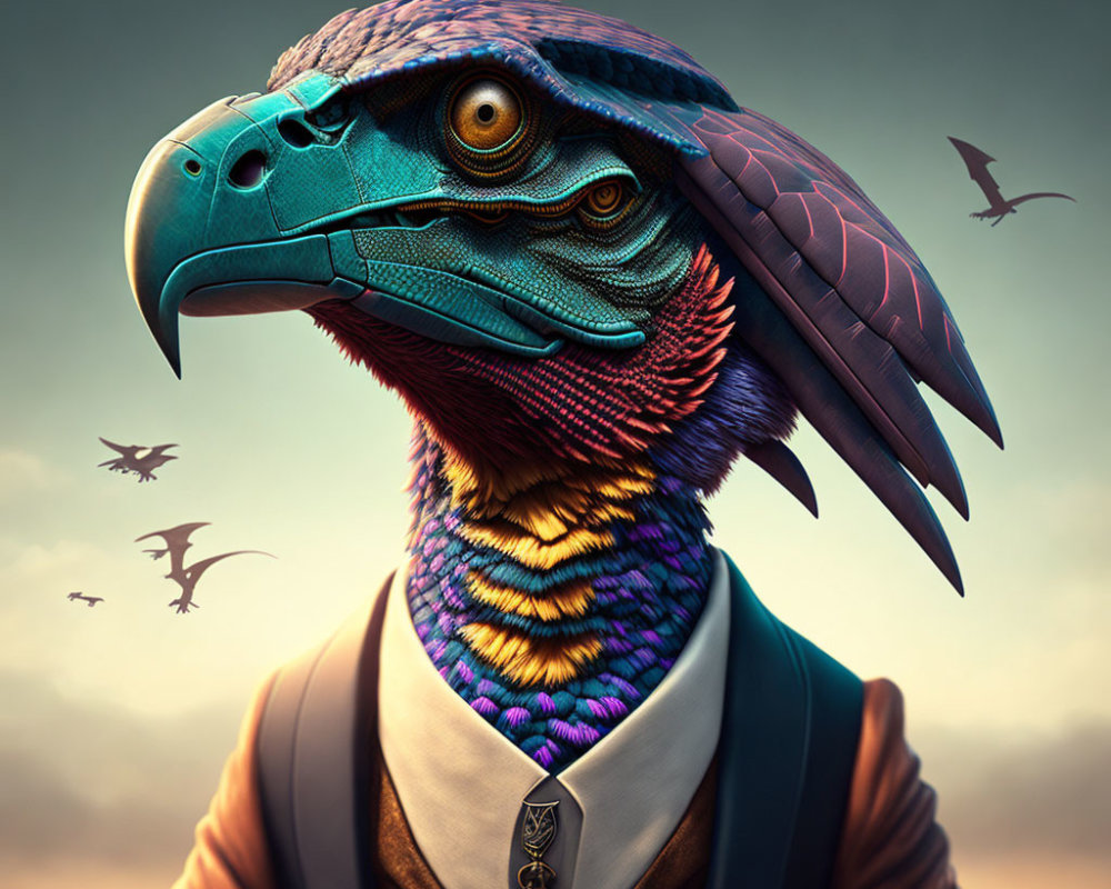 Colorful anthropomorphic bird in suit and tie under dusk sky
