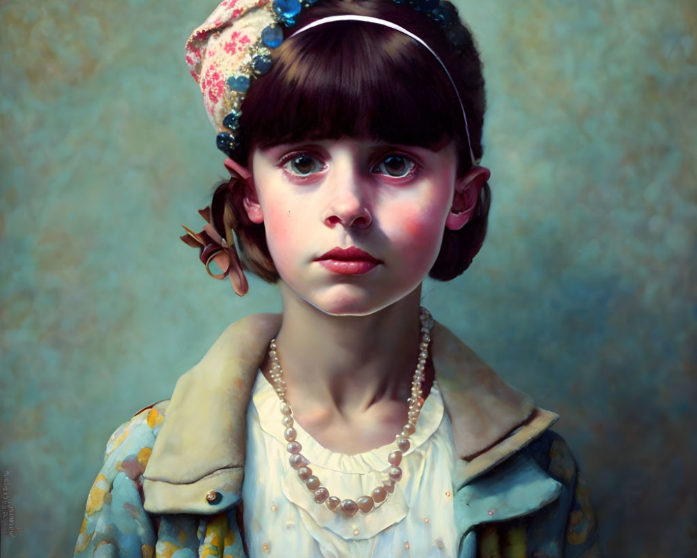 Young girl with dark hair in retro hat and vintage coat, wearing pearl necklace