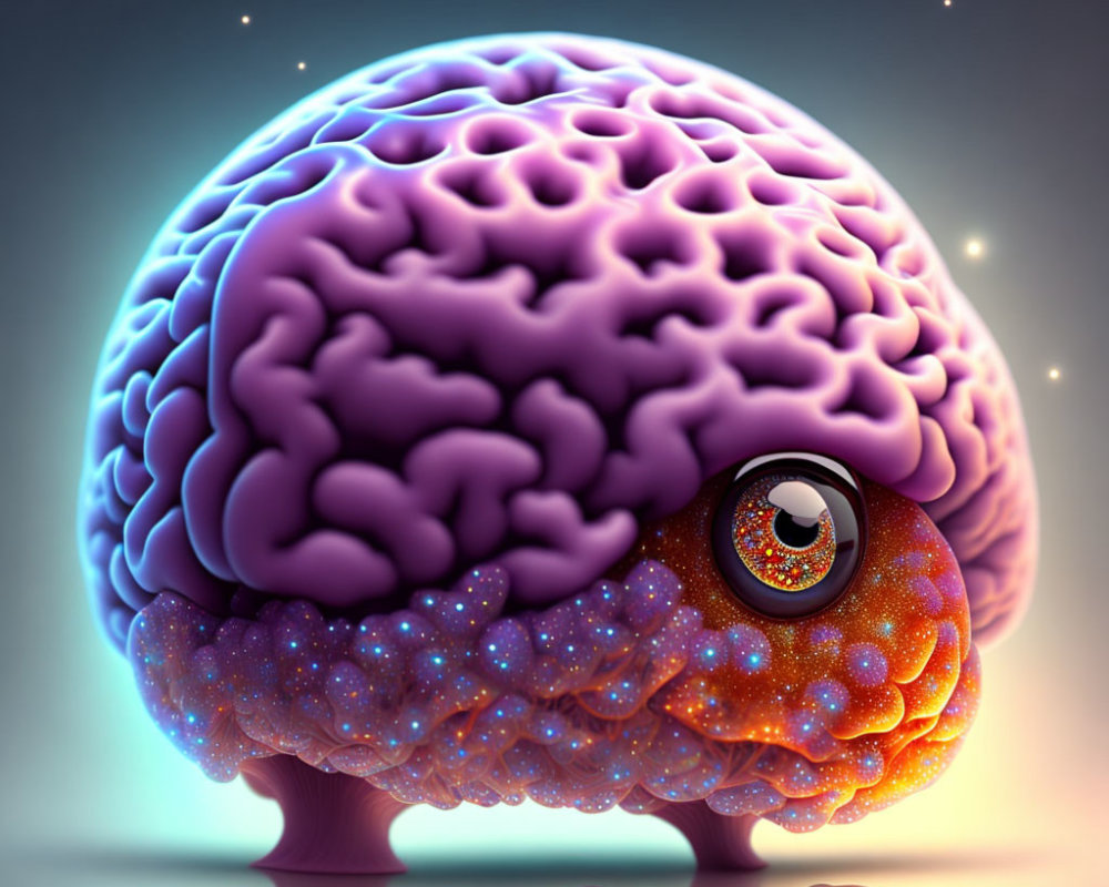 Digital artwork: Brain with expressive eye on blue background