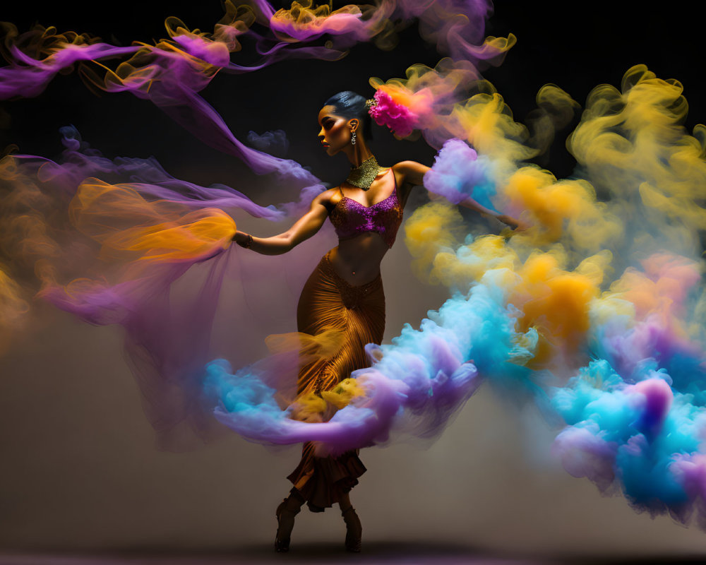 Vibrant attire dancer performs with swirling colorful smoke