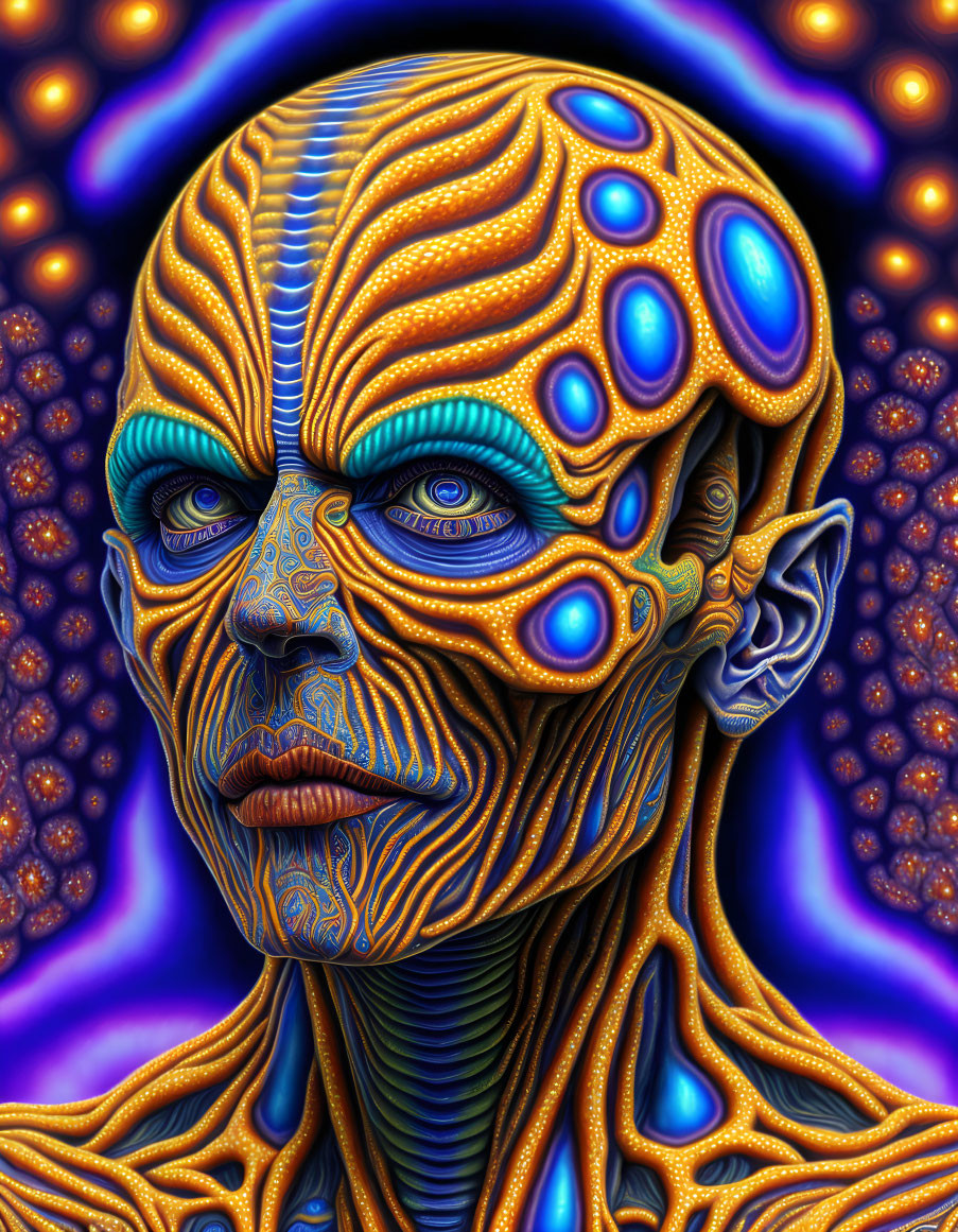 Colorful portrait with blue and gold patterns on skin and background