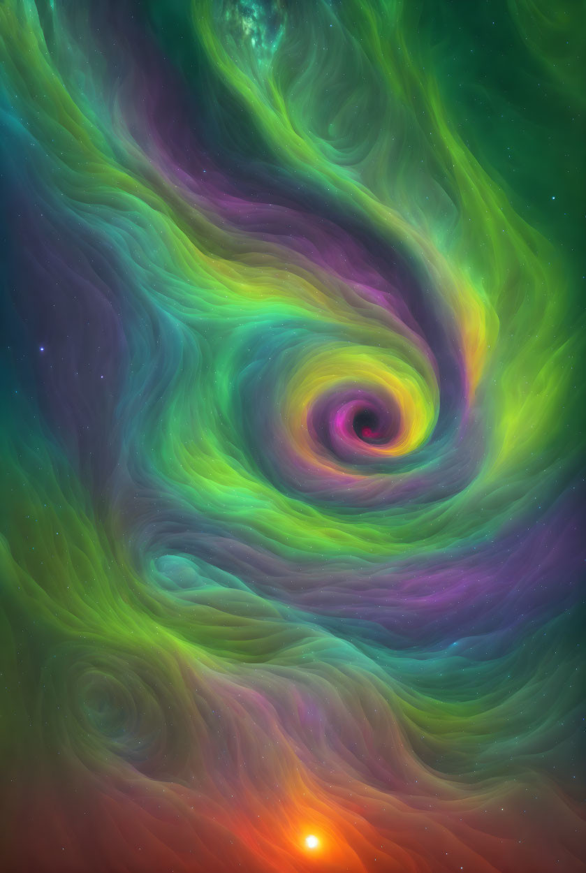 Colorful Cosmic Swirl Art with Green, Purple, and Yellow Hues