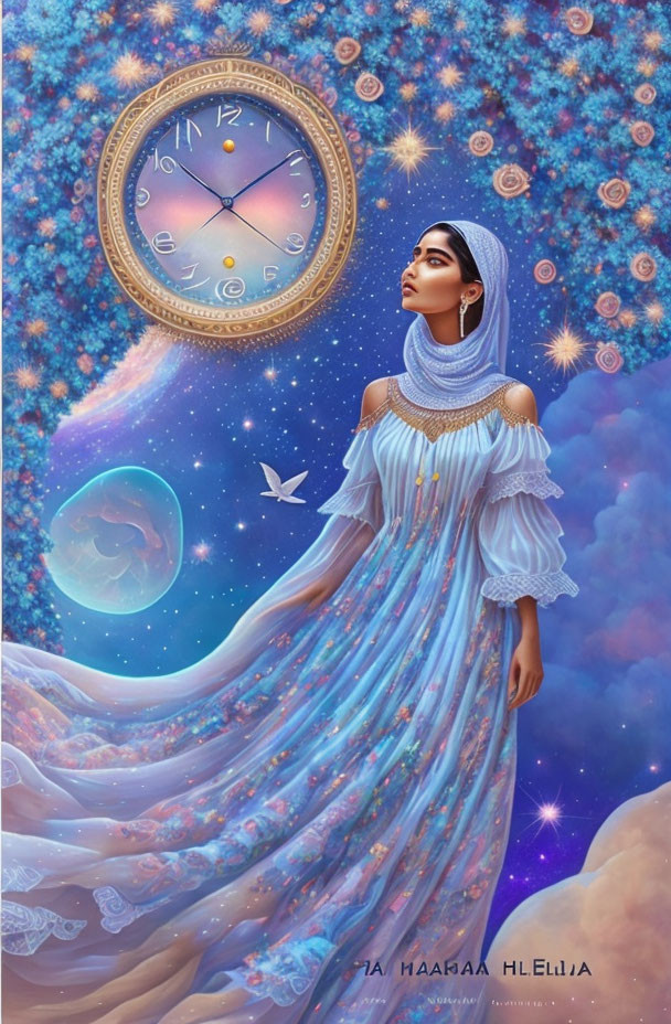 Woman in blue gown under floating clock with stars, planet, and paper crane.