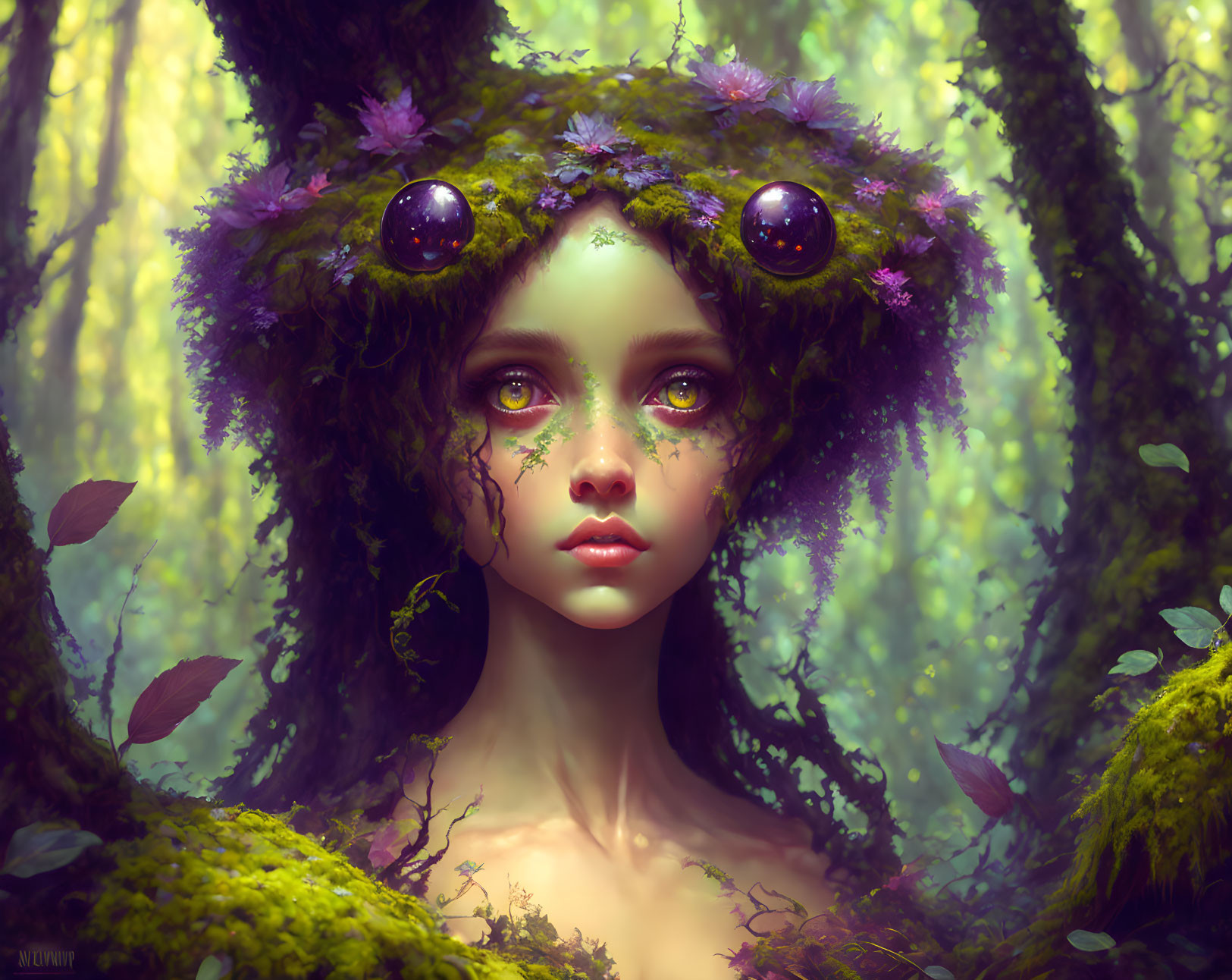 Fantasy portrait of ethereal female with mossy headdress and orb-like eyes