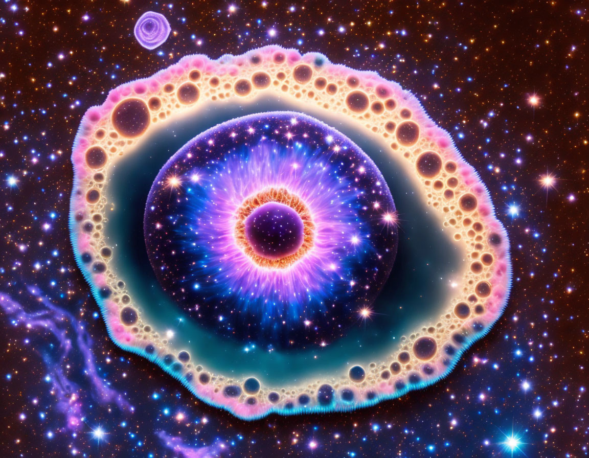 Colorful circular nebula with stars and gases in blue, purple, and pink