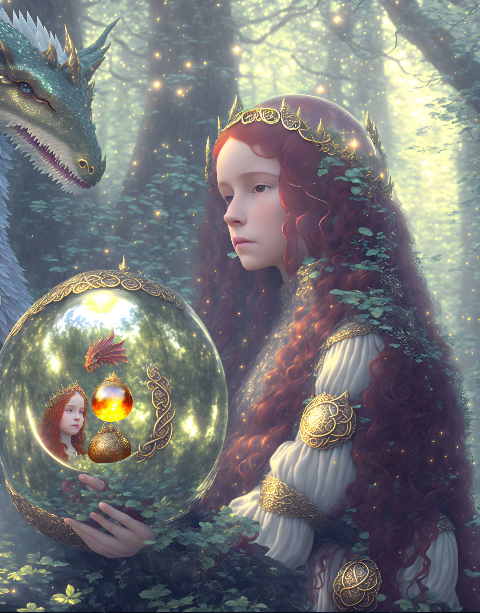 Medieval red-haired woman with magical orb and dragon in ethereal forest.