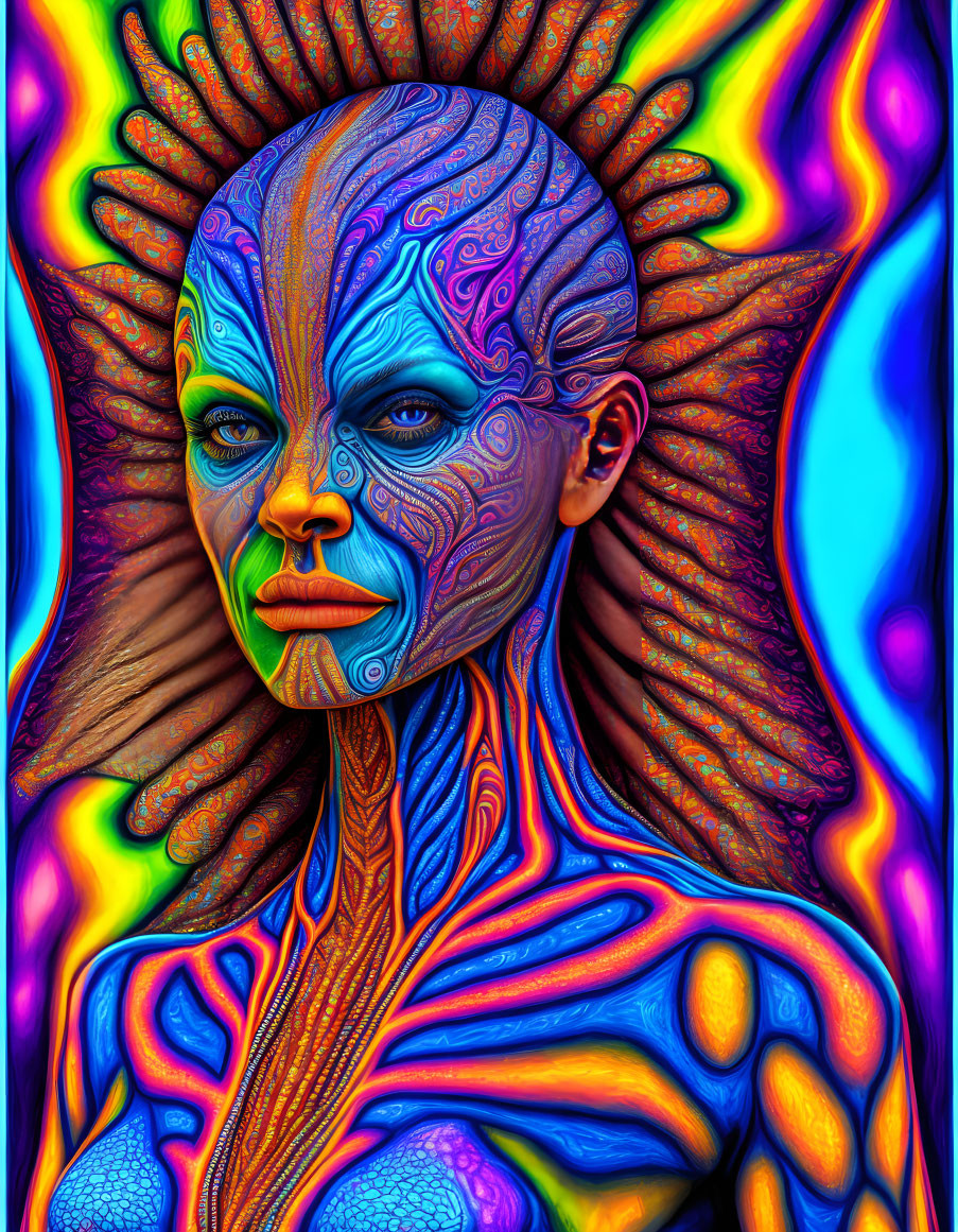 Colorful portrait of stylized individual with intricate patterns on skin and psychedelic backdrop.