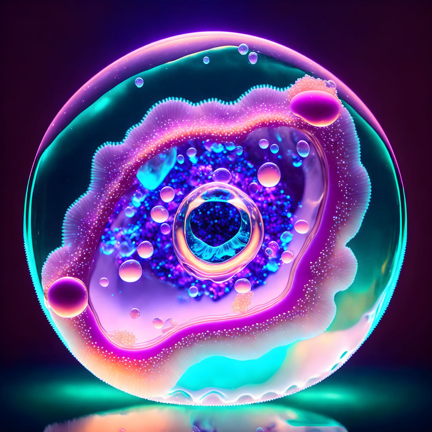 Iridescent soap bubble with intricate patterns and reflections