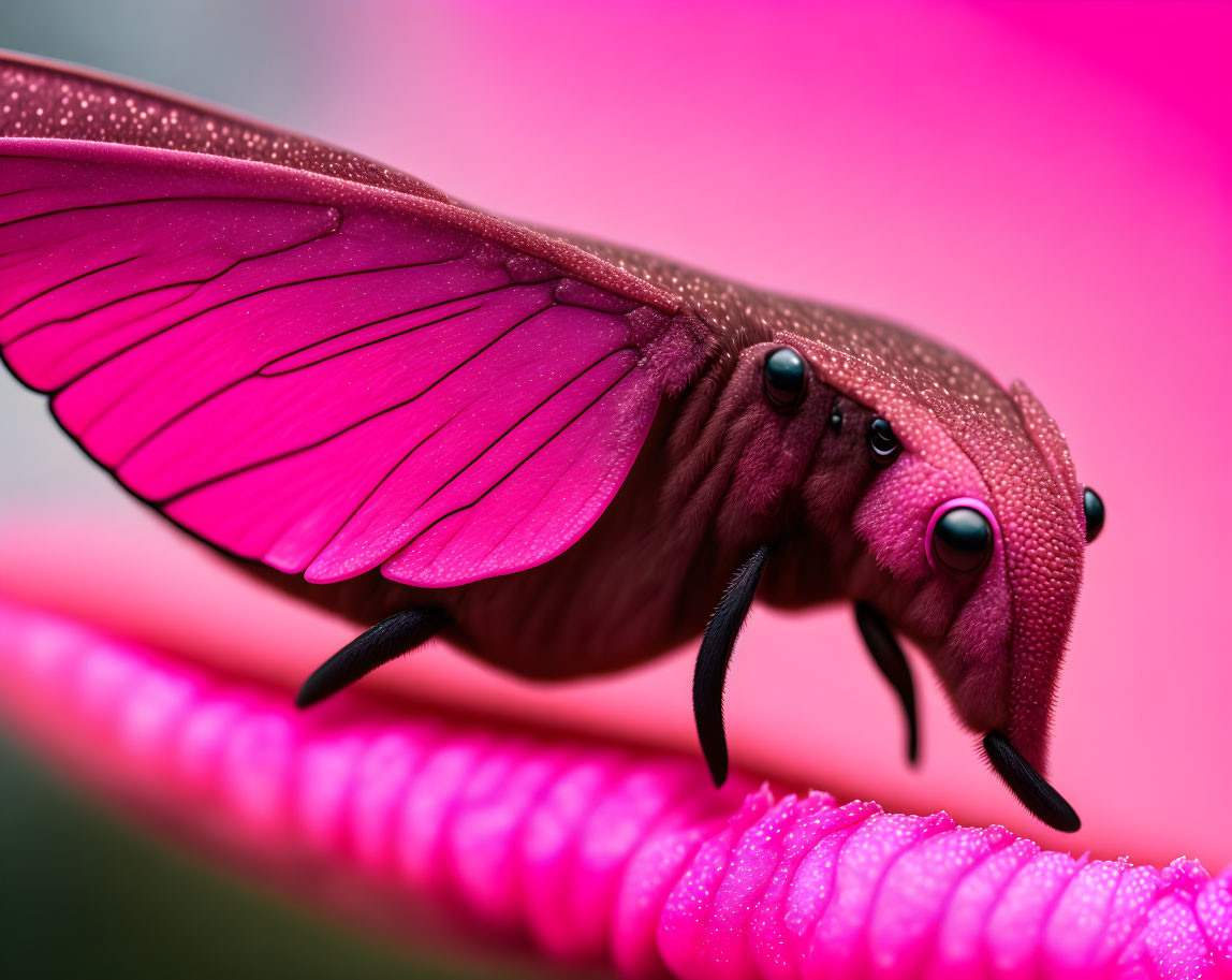 Vivid pink moth with dewdrops on wings perched on spiraled object