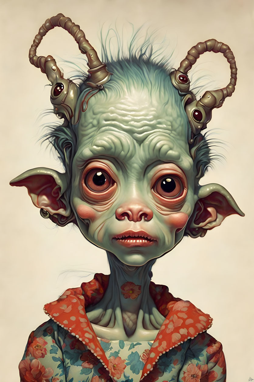 Fantastical creature with green skin, large eyes, curled horns, elf-like ears, and floral