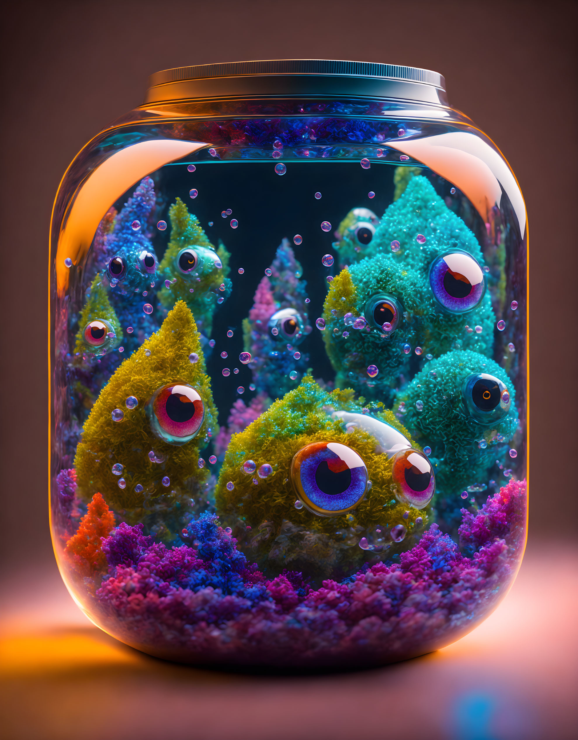 Colorful creatures and coral in glass jar under moody lighting