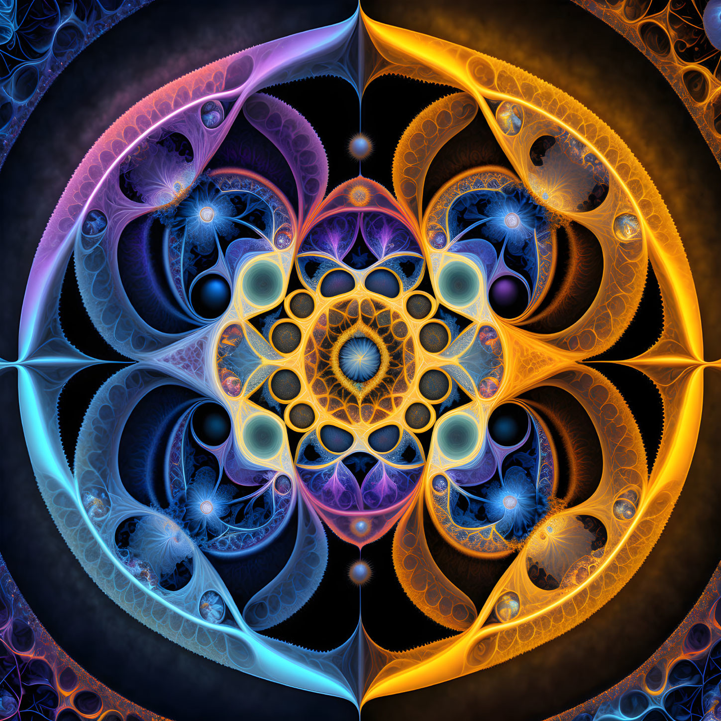 Colorful Fractal Pattern with Blue, Gold, and Purple Hues