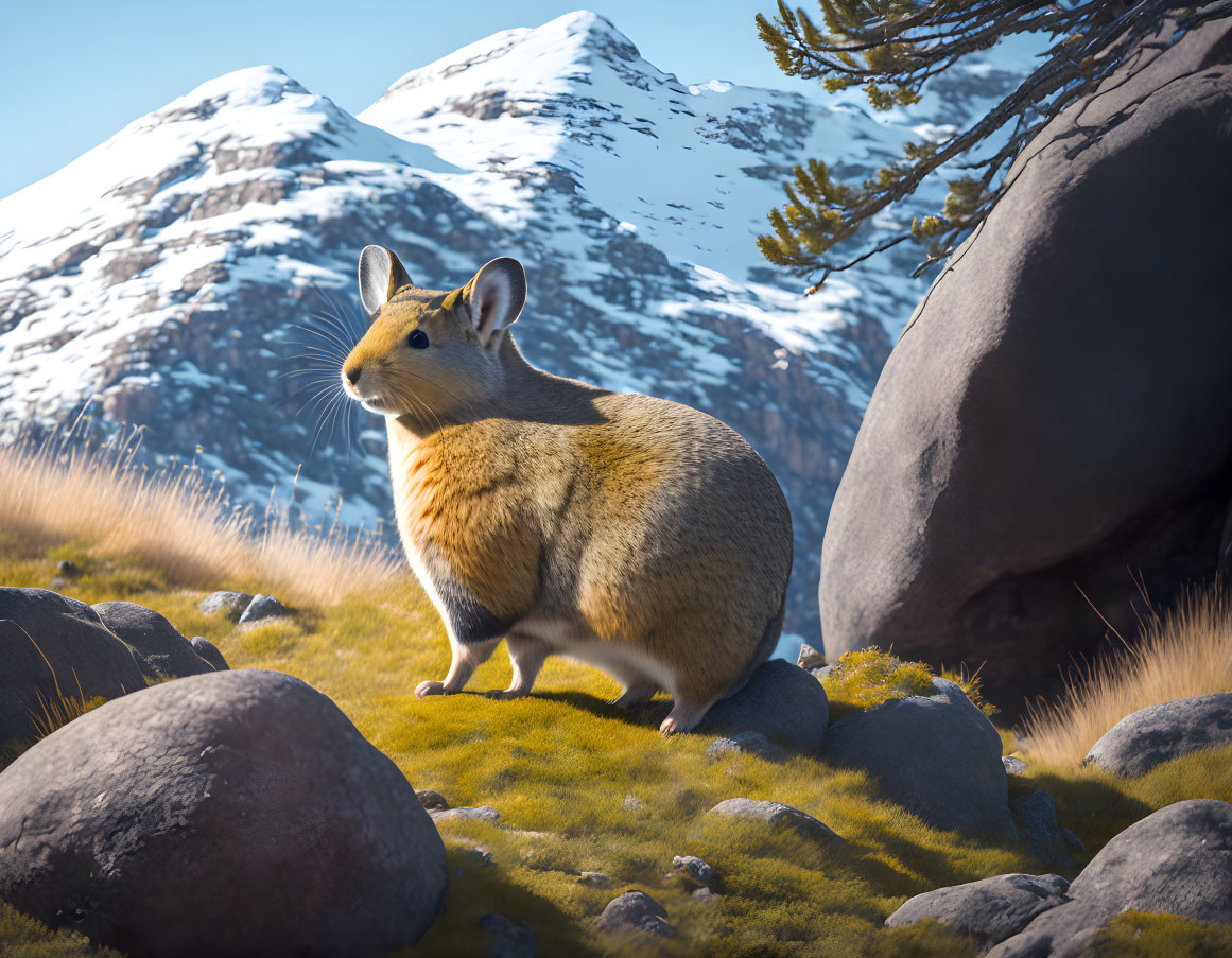 Furry rodent on moss-covered rock in mountain landscape