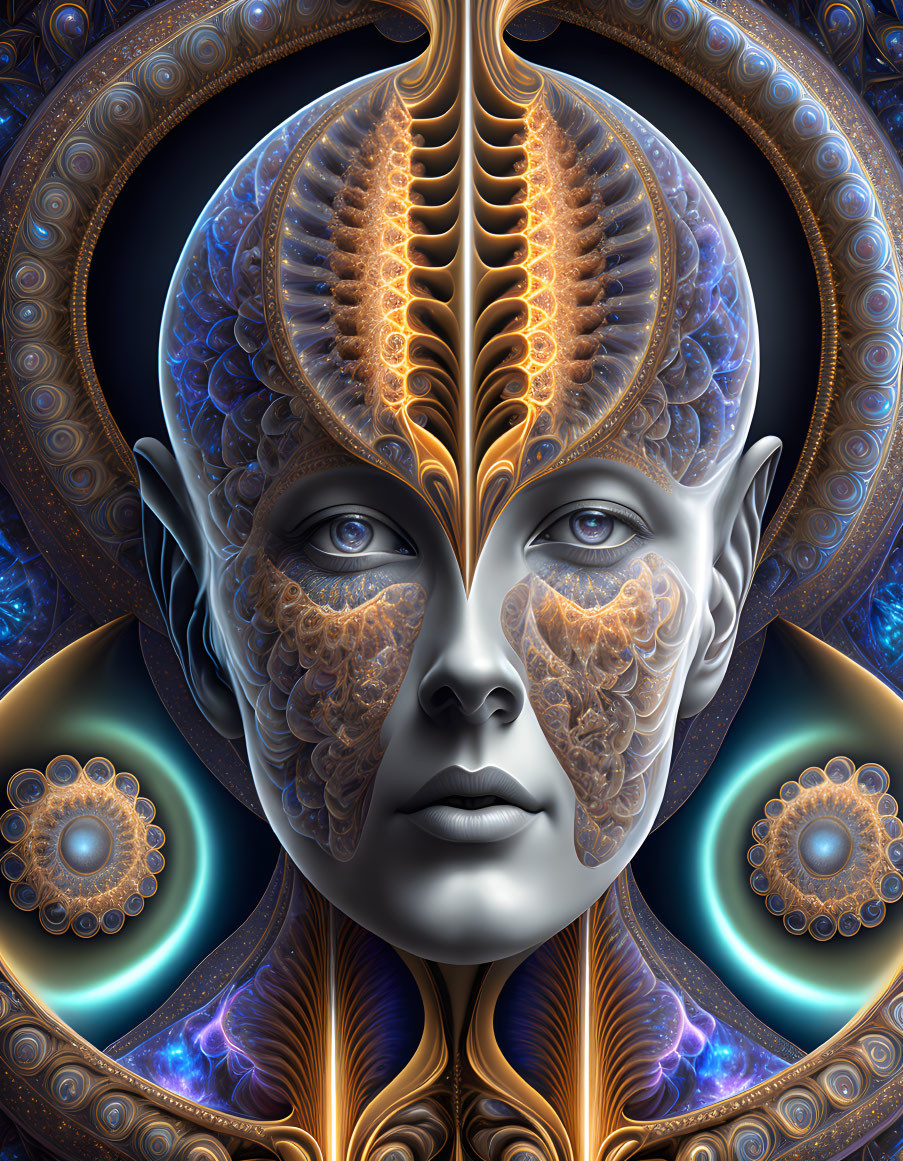 Symmetrical humanoid face with metallic patterns and glowing elements