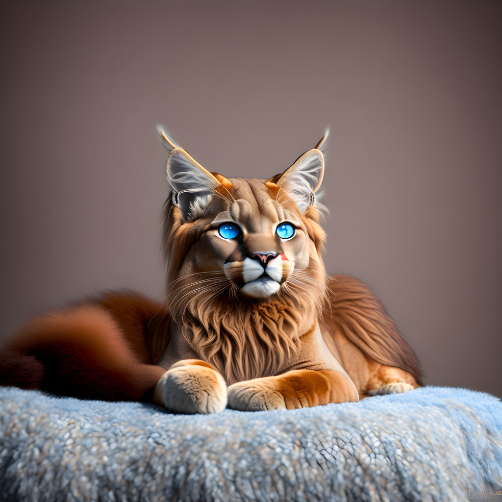 Anthropomorphic feline creature with large blue eyes, prominent ears, and horns on blue furry surface