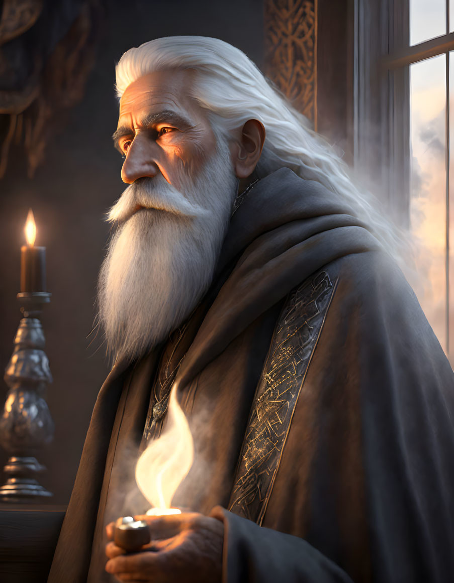 Elderly bearded man in cloak with lit staff by window and candle