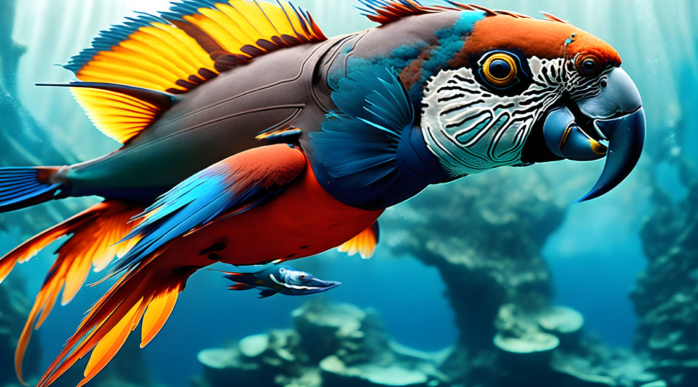 Surreal image: Parrot head and body with fish tail swimming in coral reefs
