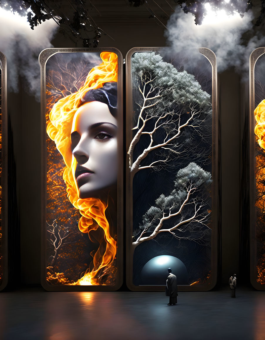 Three-panel surreal artwork: woman with fiery hair, tree to night, small figure gazing.