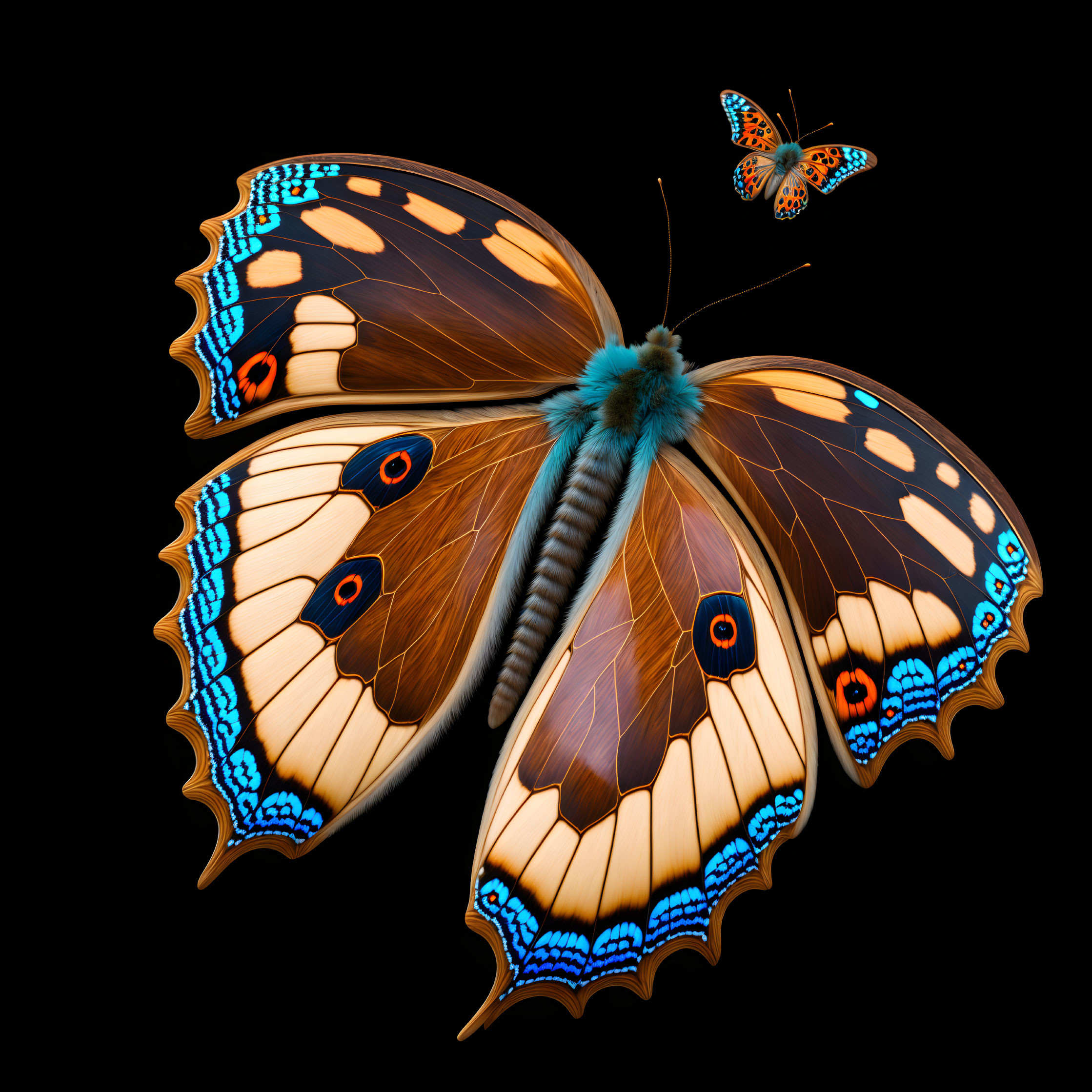 Colorful digital illustration: Two butterflies with ornate wings in orange, blue, and black on dark