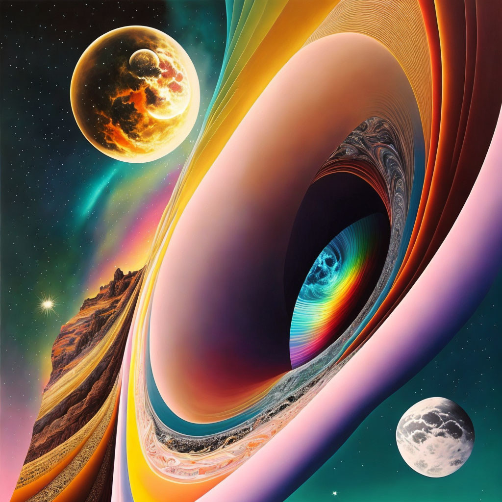 Colorful cosmic artwork with moons, planet, stars, and rocky cliff.