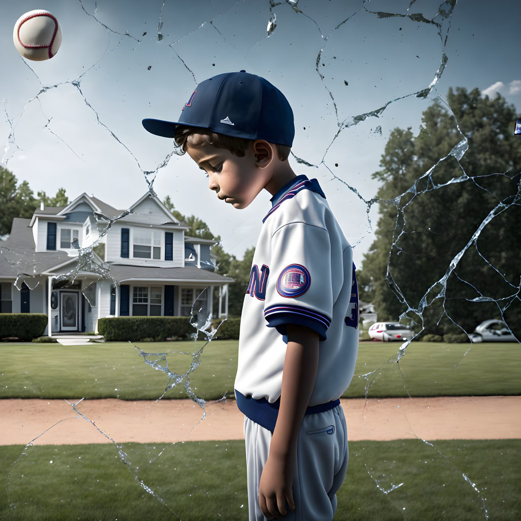 Young boy in baseball uniform breaks glass pane with flying ball
