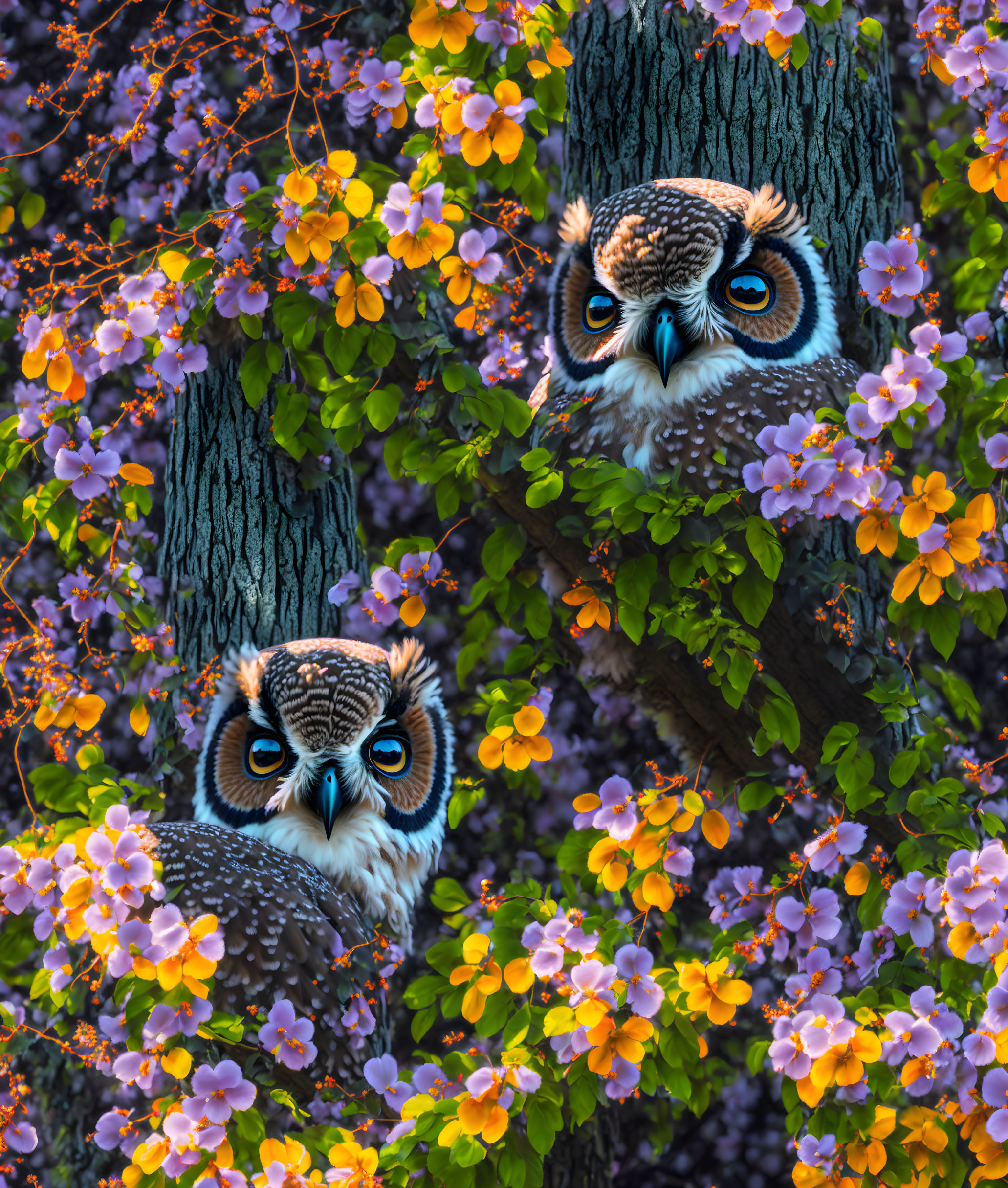 Colorful Illustrated Owls with Striking Blue Eyes in Tree with Purple and Orange Flowers