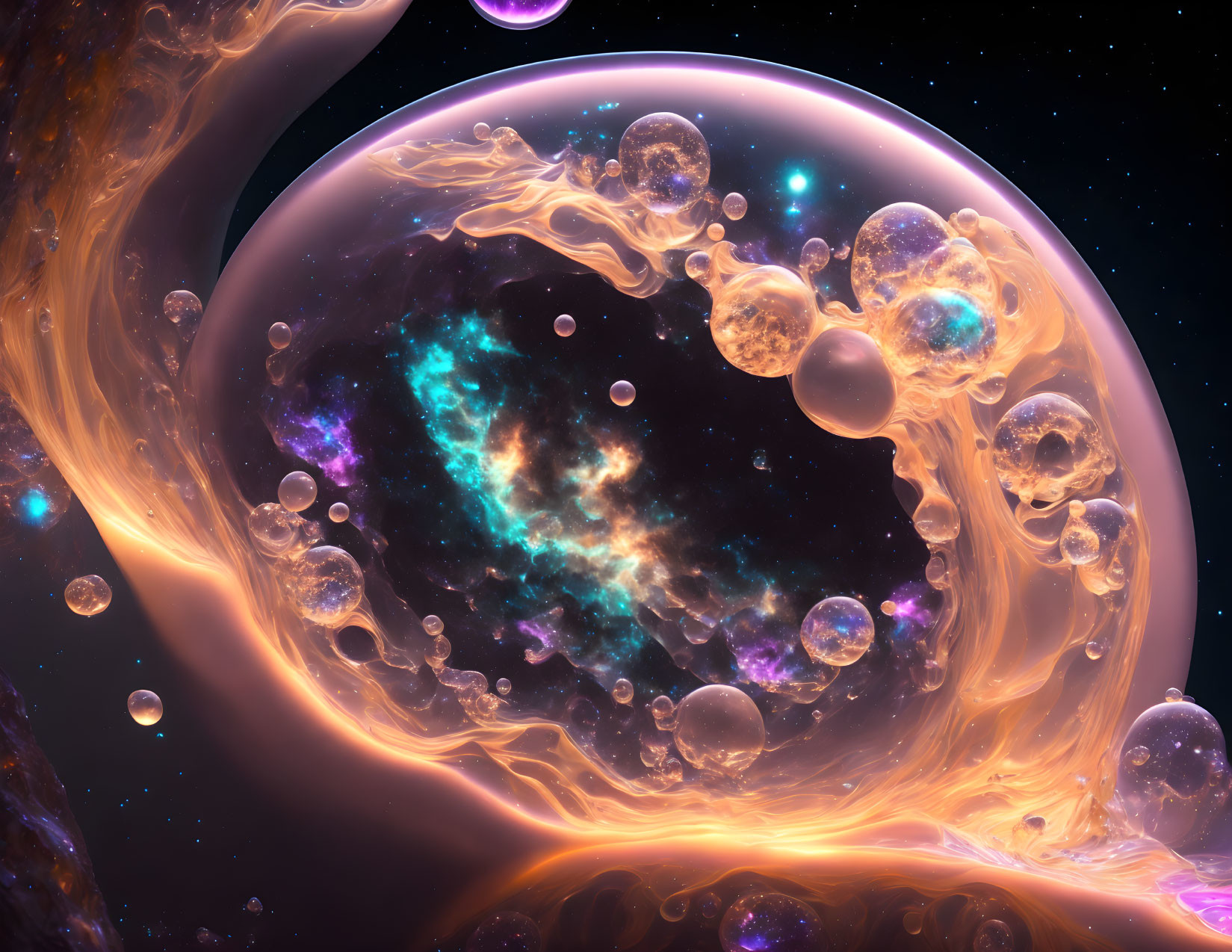 Abstract art: Cosmic swirls and bubbles on starry nebula backdrop