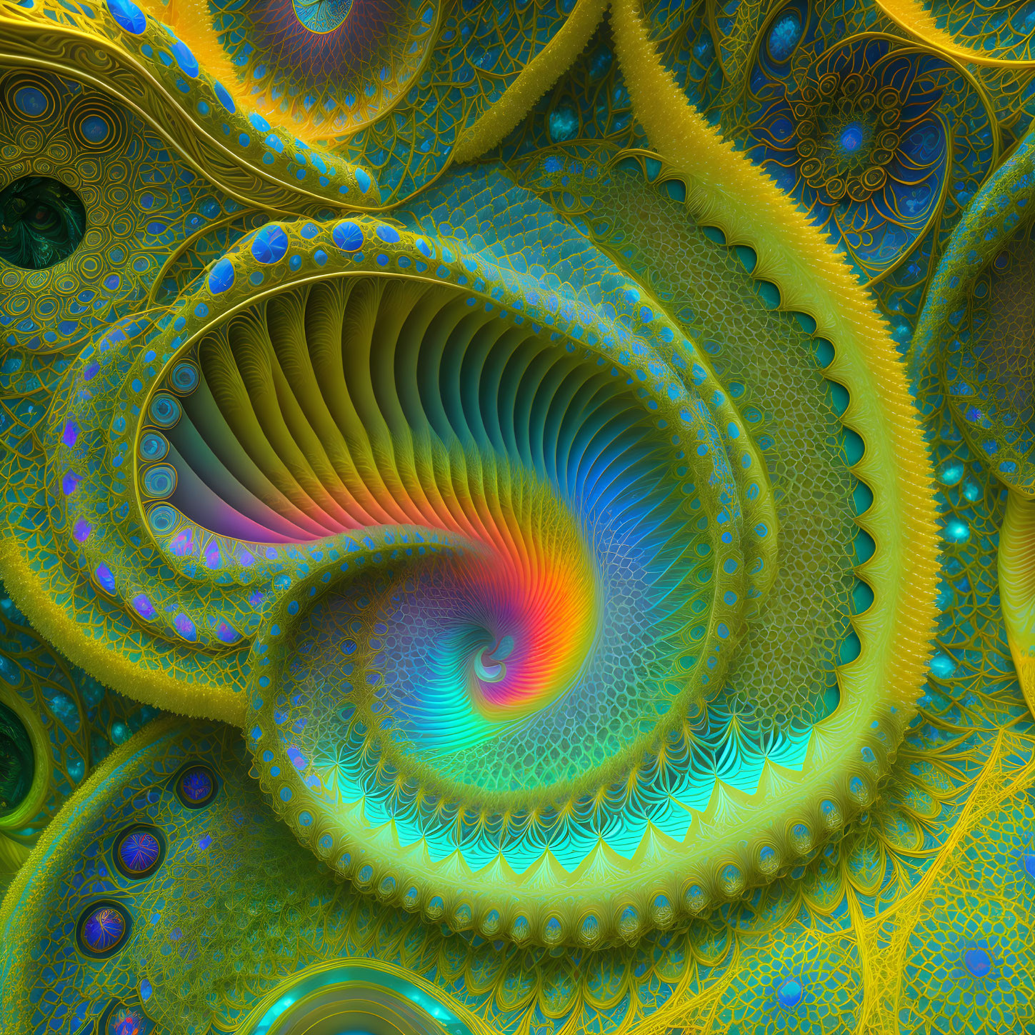 Colorful Digital Fractal Art with Spiral Patterns in Blue, Green, and Yellow