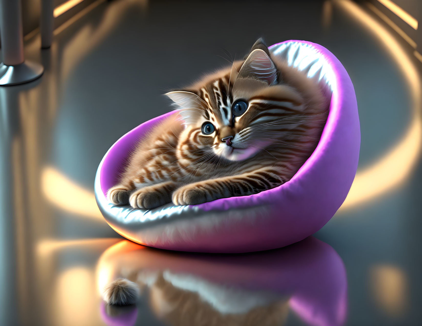 Fluffy Tabby Kitten Relaxing in Purple Glowing Pet Bed