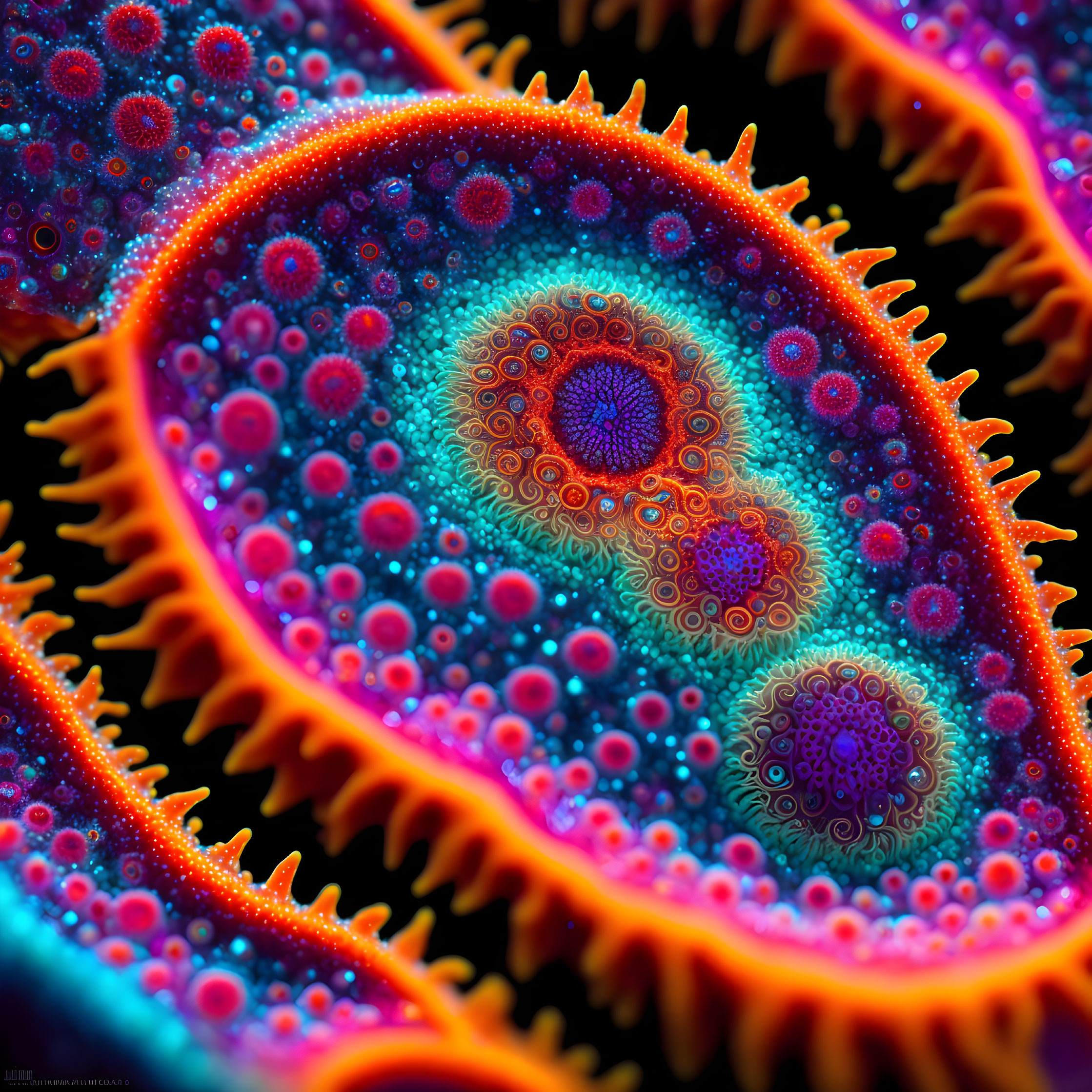Colorful Close-Up Fractal Pattern with Circular and Spiked Designs