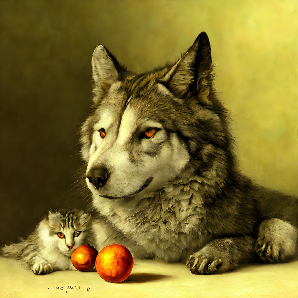 Illustration of Wolf and Kitten with Matching Amber Eyes and Fruits on Warm Textured Background