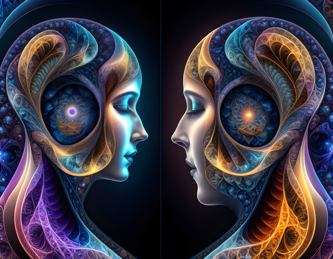 Symmetrical profile portraits with fractal patterns and cosmic elements