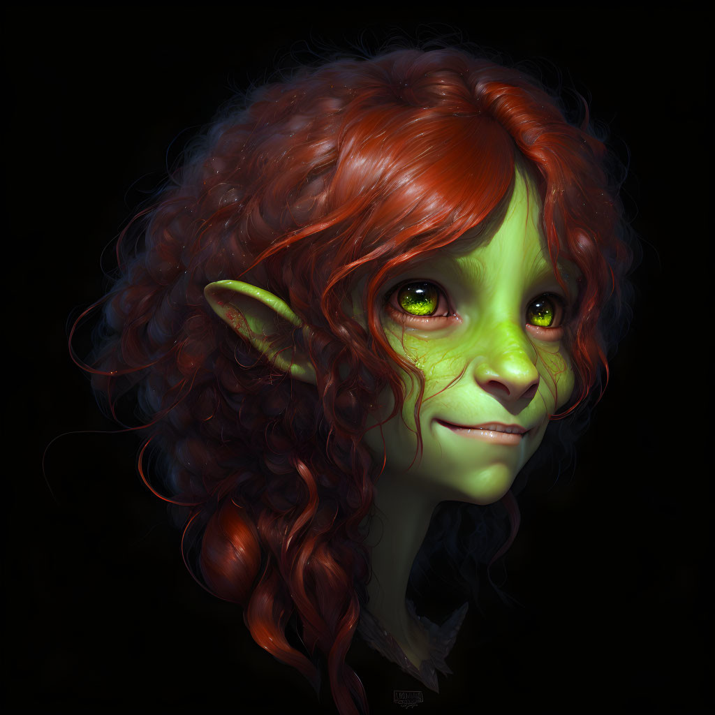 Fantastical creature digital artwork with green eyes and red hair