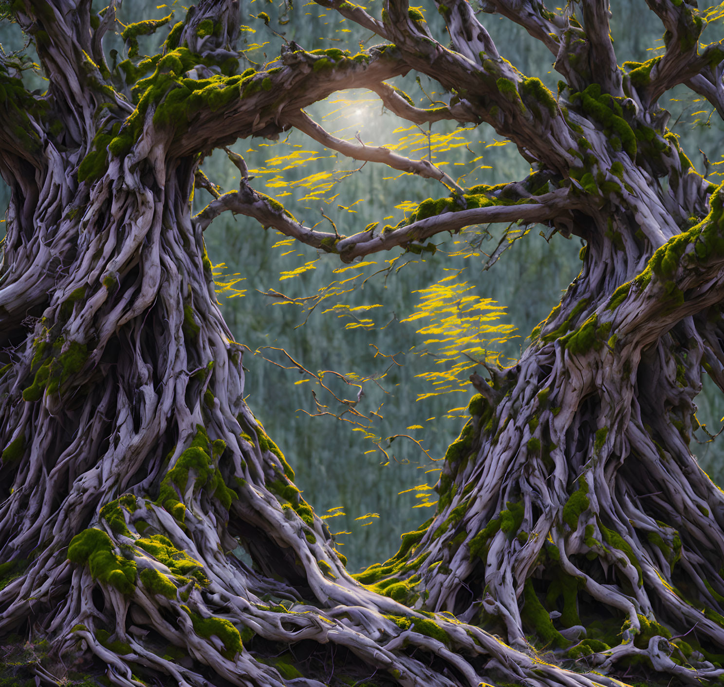 Moss-covered roots frame twisted ancient trees in mystical forest scene