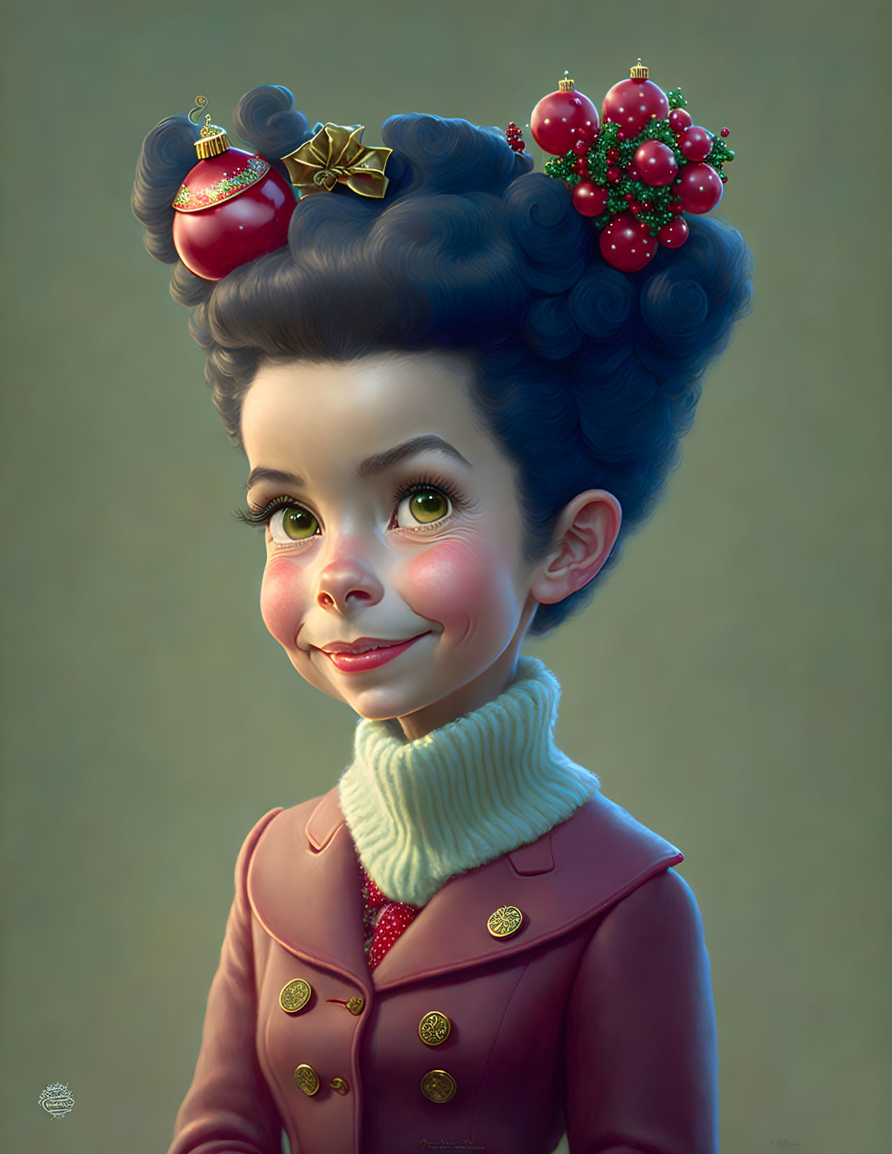 Whimsical character with festive holiday hairstyle