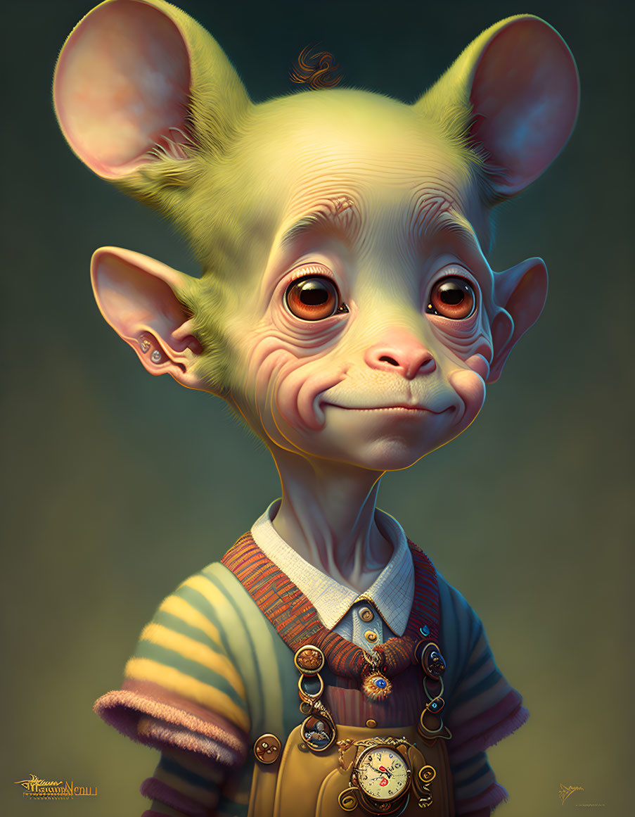 Character illustration with oversized ears, sad eyes, and human-like features wearing striped shirt and vest.