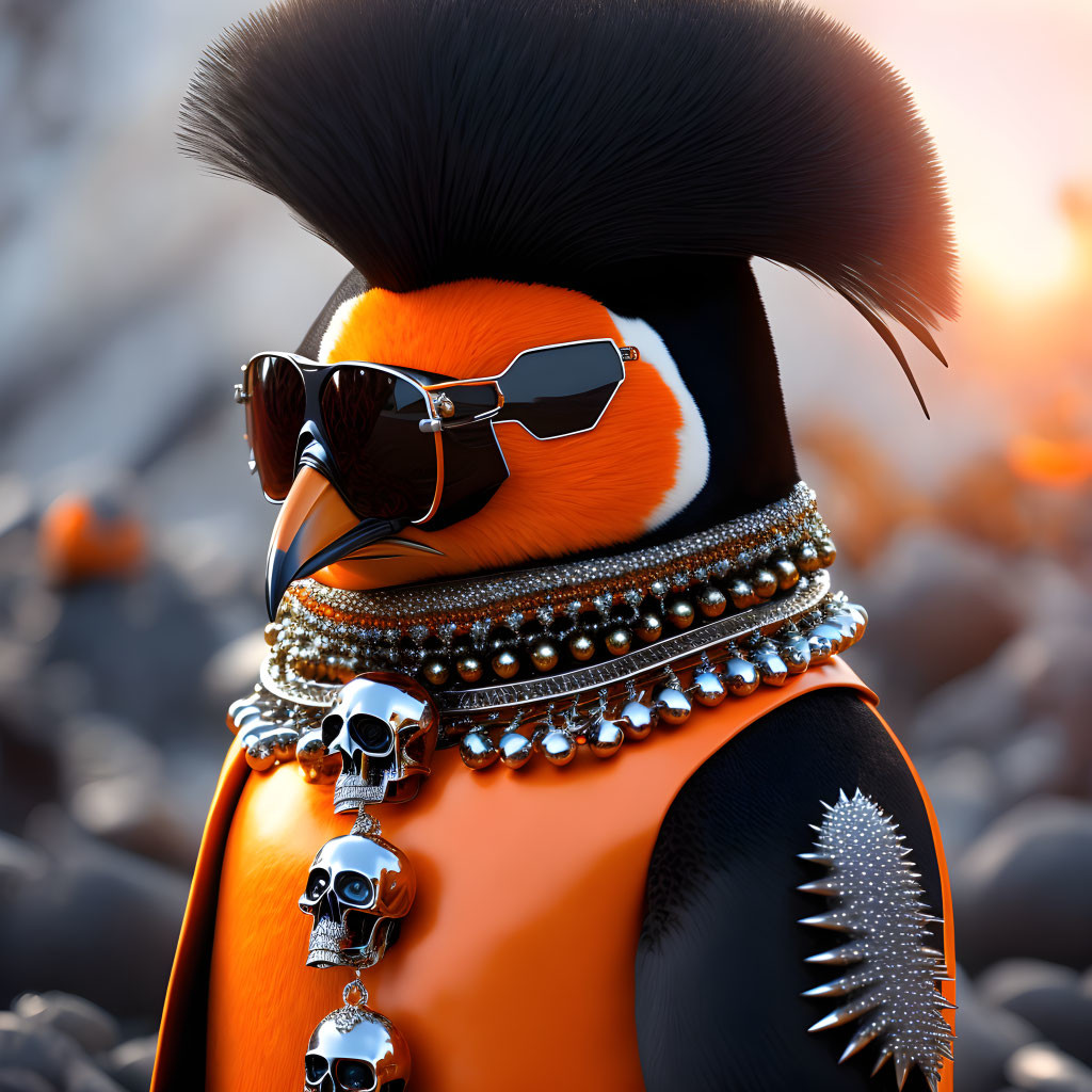 Penguin character with punk style accessories confidently poses