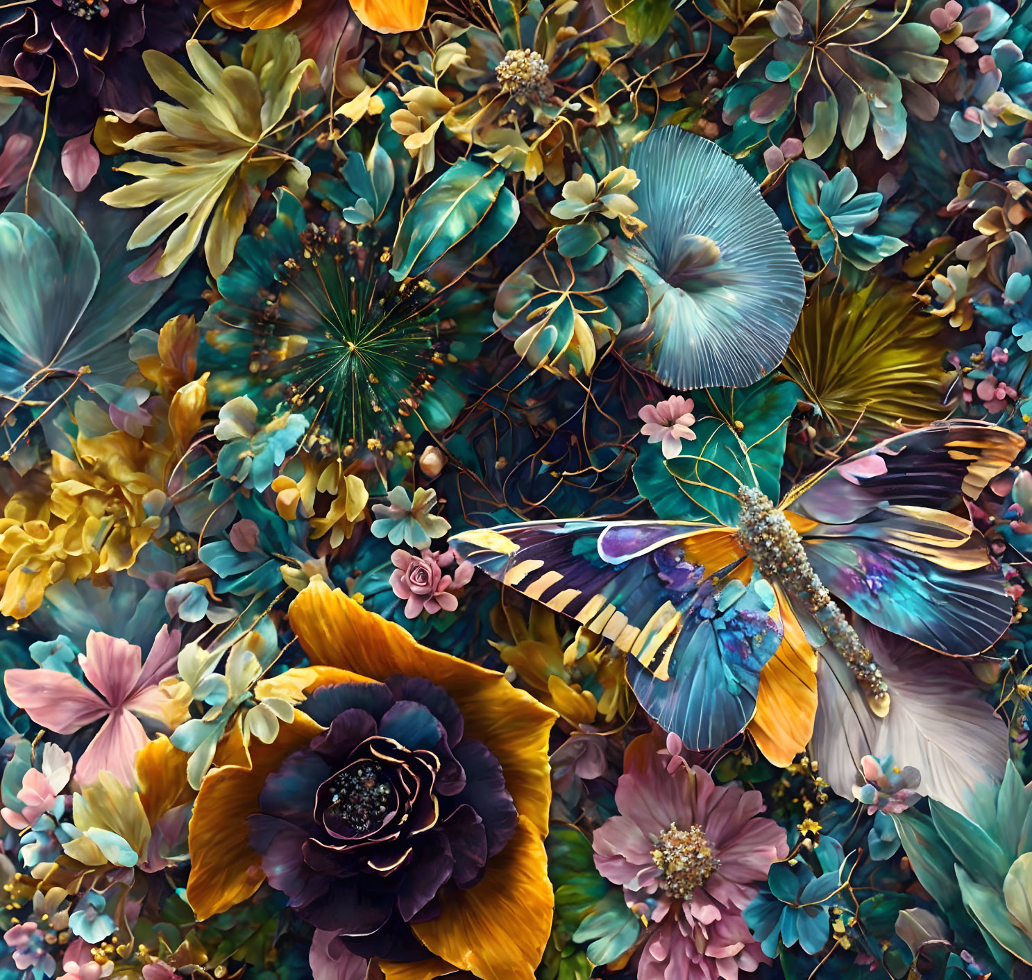 Colorful flowers and butterflies in dreamy digital art