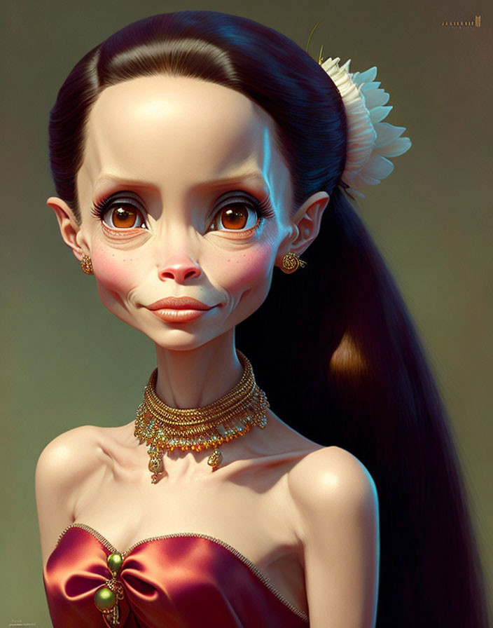 Stylized female character with exaggerated features and elegant adornments
