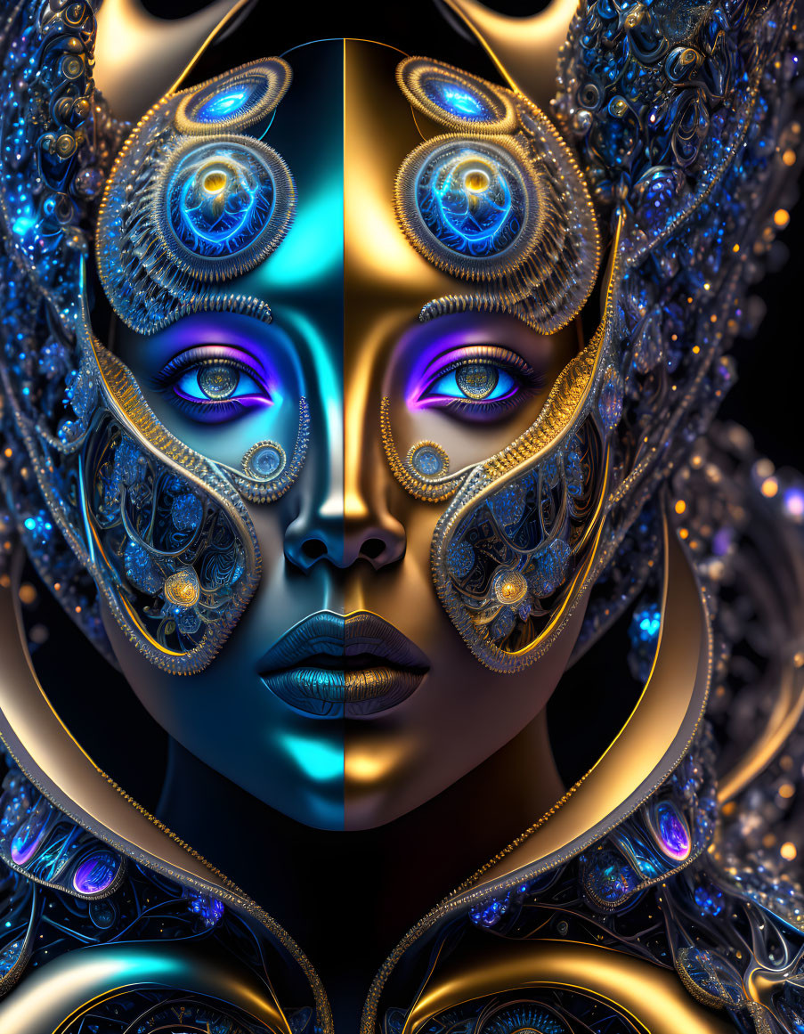 Detailed digital artwork: Woman adorned in ornate gold and blue jewelry.