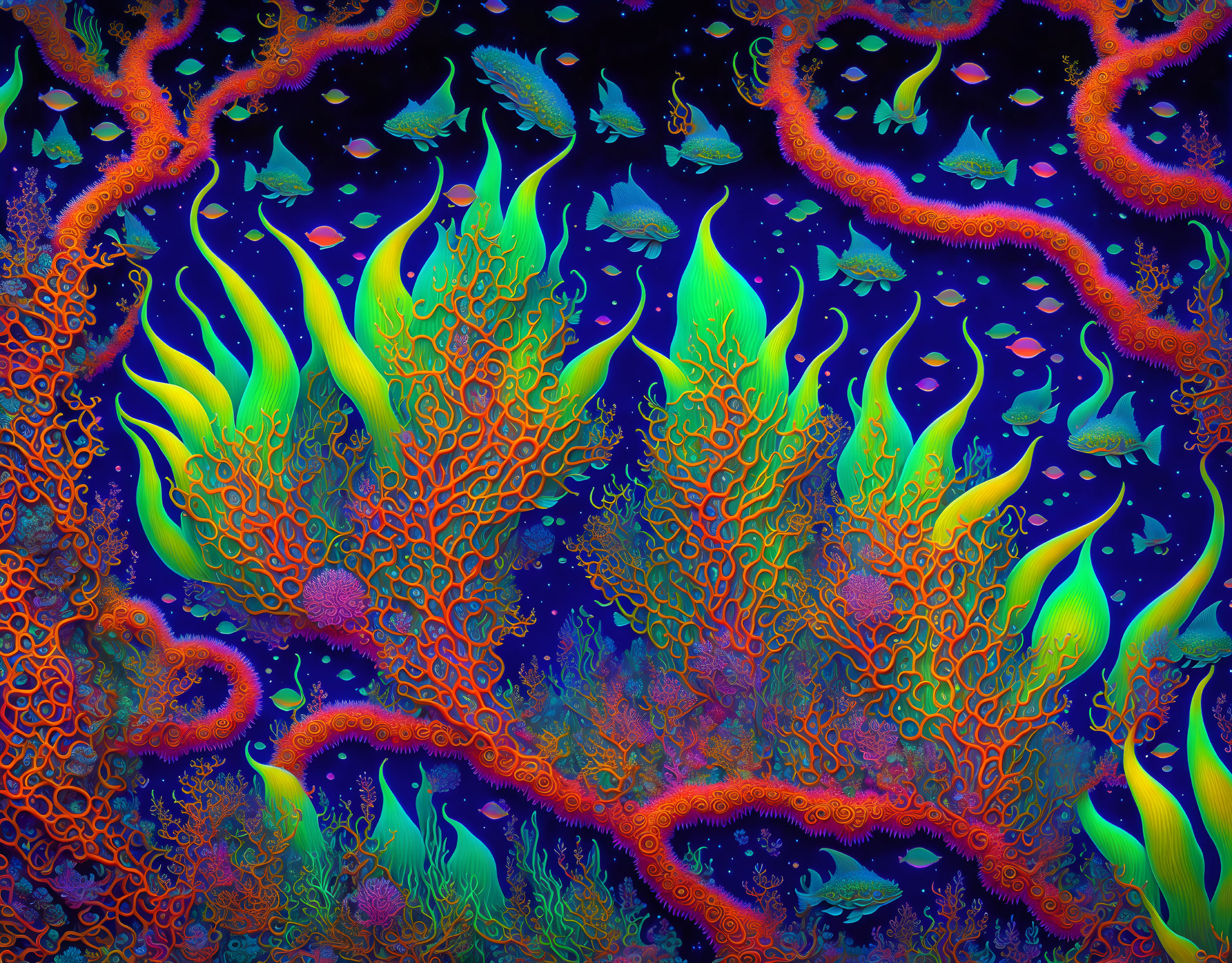 Colorful Underwater Scene with Neon Coral and Fish Species in Dark-Blue Background