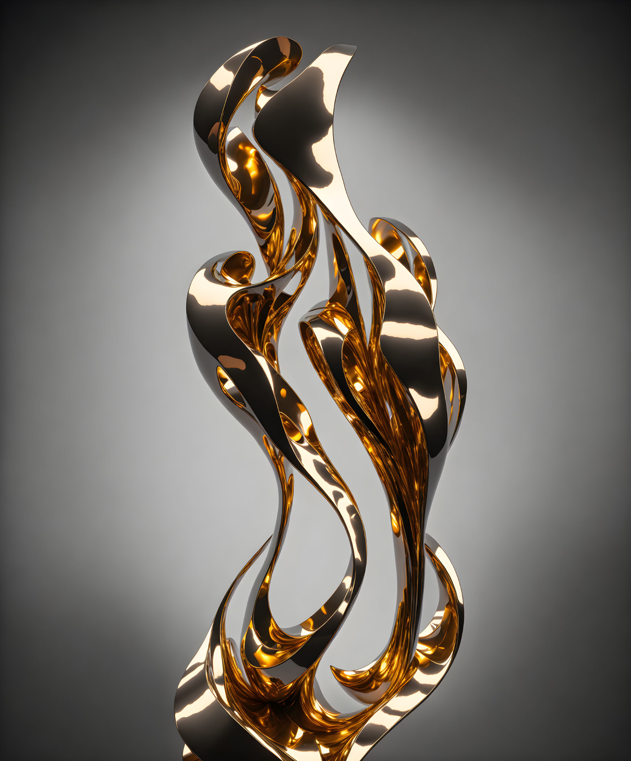 Abstract metallic sculpture with swirling golden forms on gray background