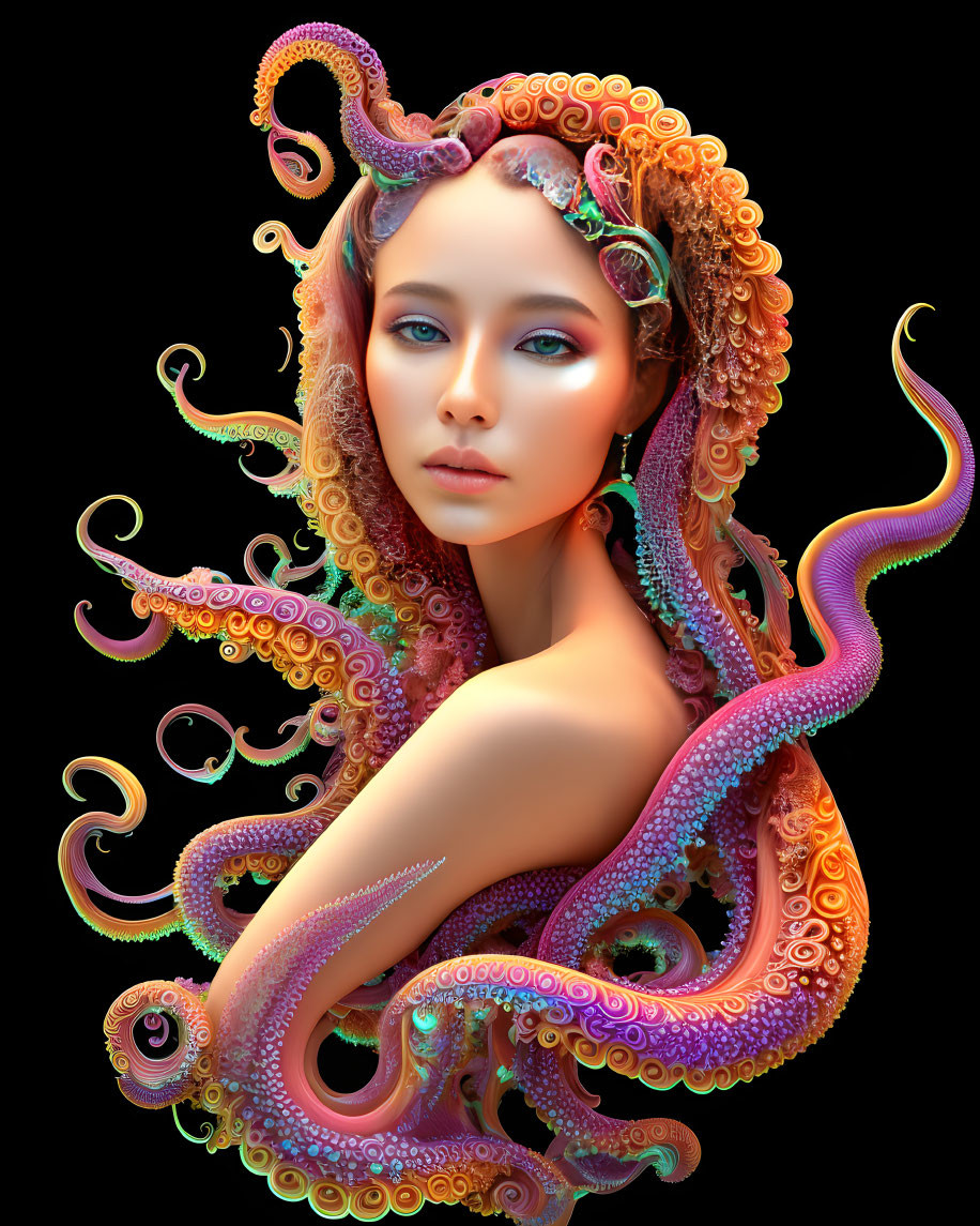 Digital Artwork: Woman with Octopus Tentacles in Vibrant Colors