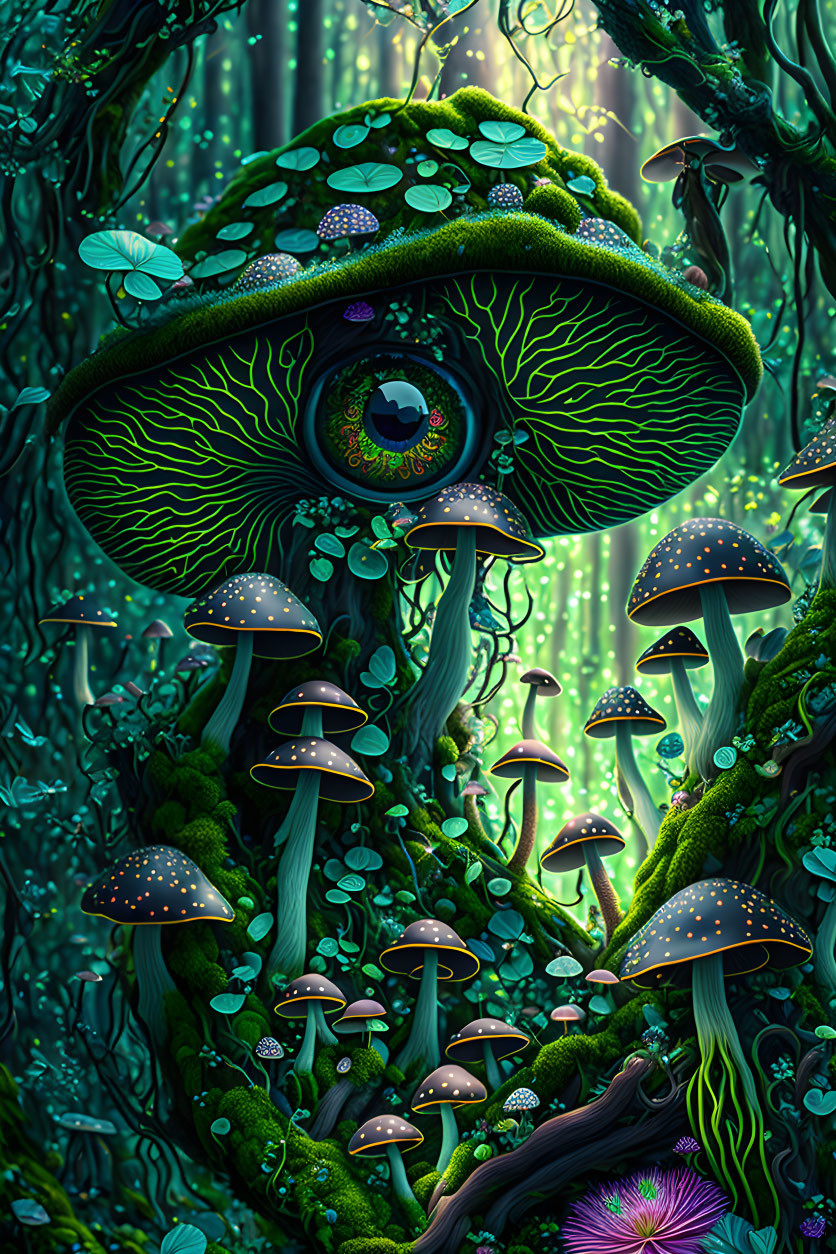 Enchanted forest with large eye in mushroom and glowing foliage