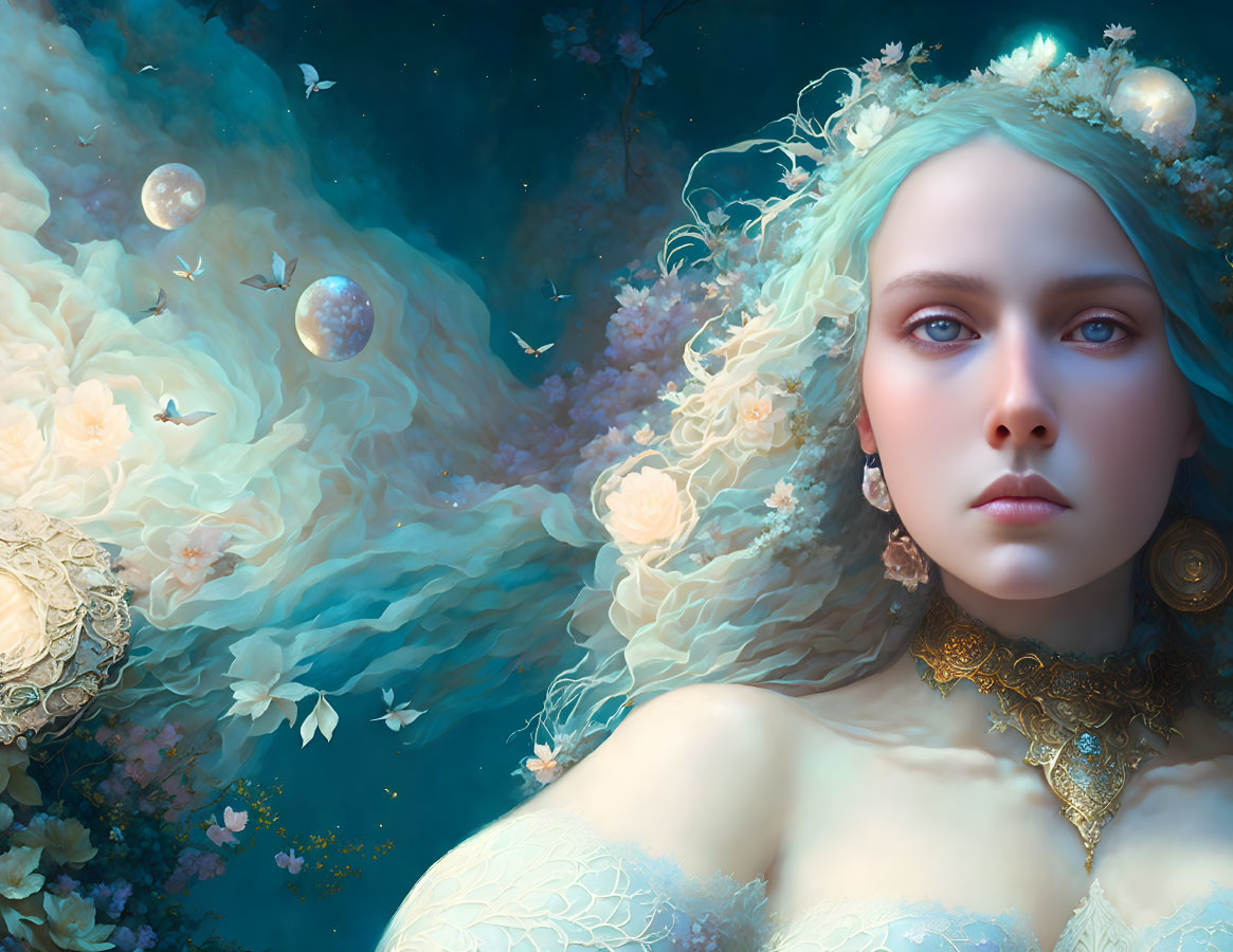 Fantasy portrait of a woman with blue eyes in cosmic nature setting