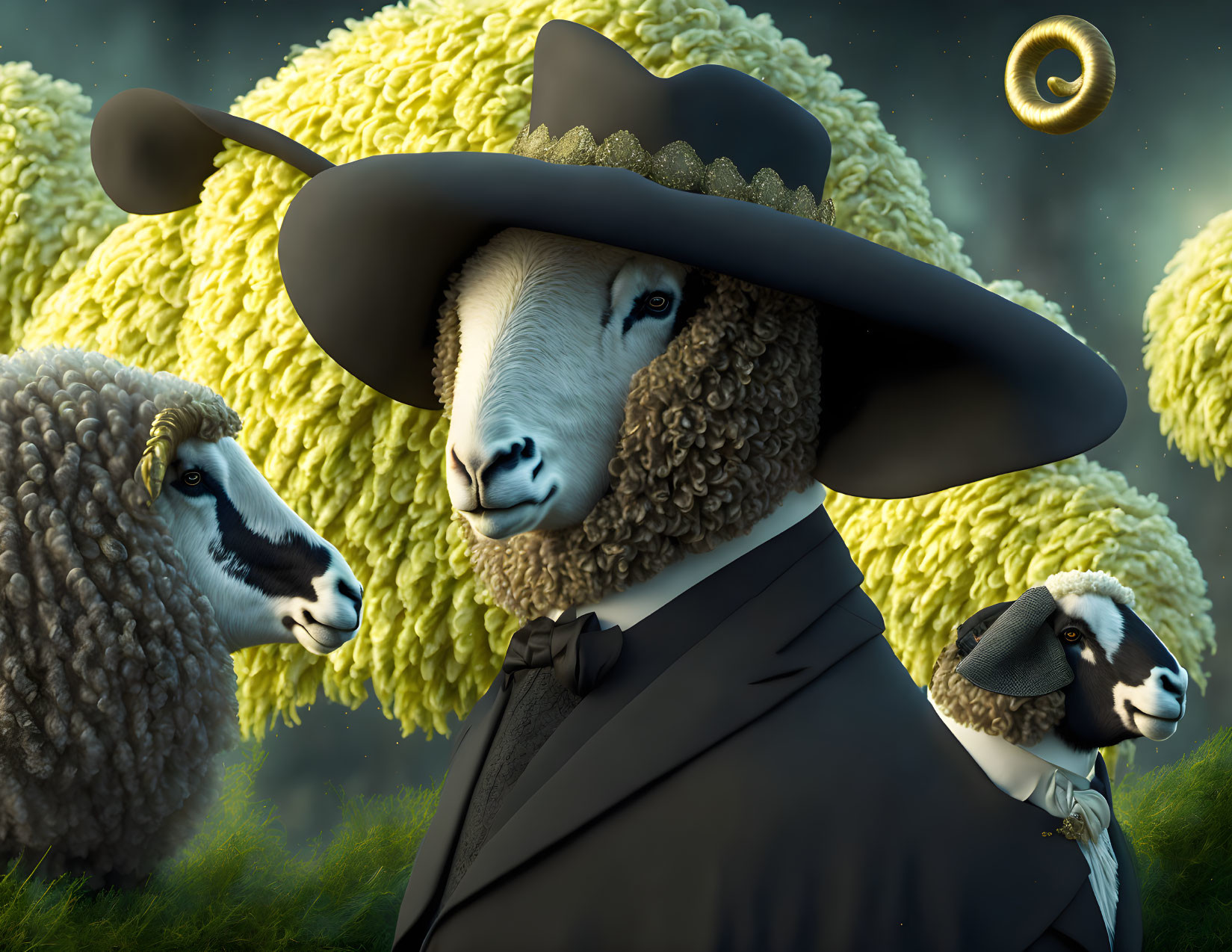 Three sheep in formal attire in a field, one wearing a black suit and hat